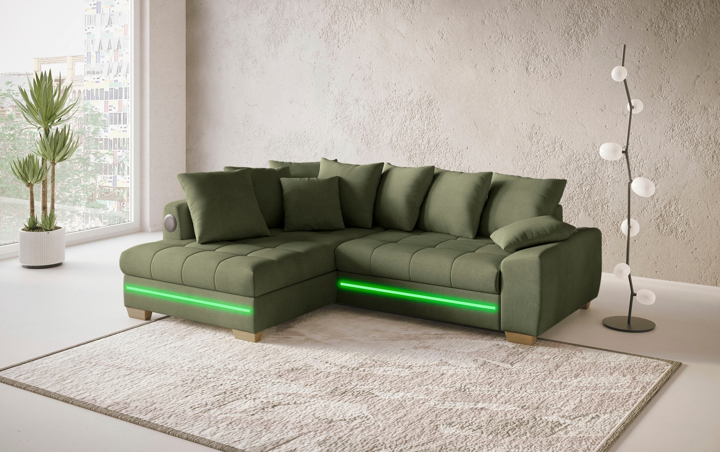Mr. Couch Ecksofa »Nikita II, L-Form« RGB-LED, Bluetooth-Soundsystem, wahlweise mit Bett, Bettkasten