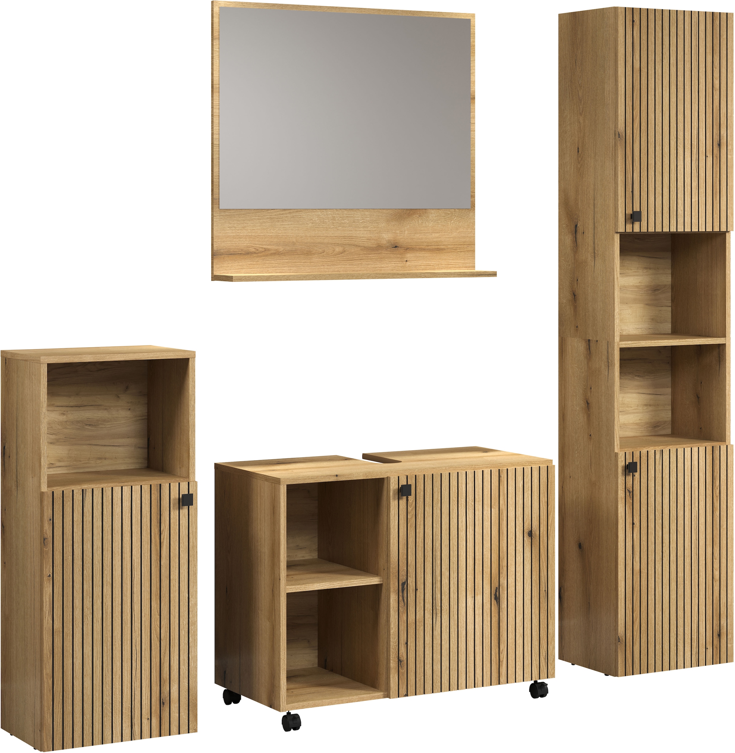 welltime Badmöbel-Set »Amrum Waschbeckenunterschrank Spiegel Hochschrank Badschrank« Komplett-Set, 4 Stk. tlg.