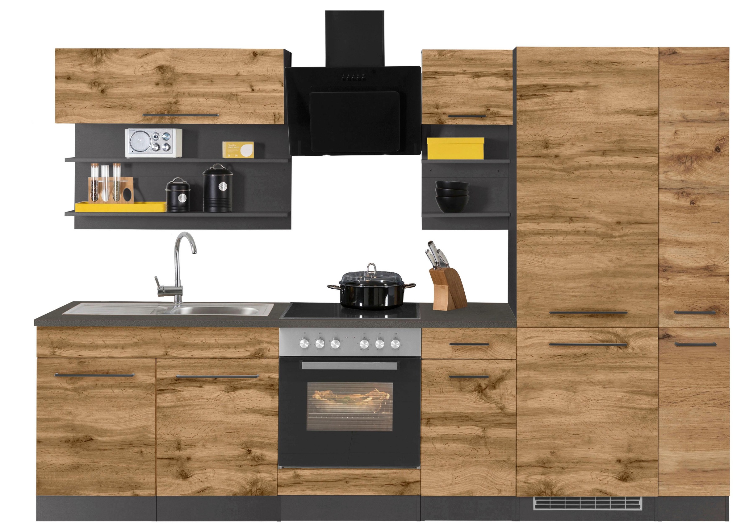 KOCHSTATION Küchenzeile "KS-Tulsa" ohne E-Geräte, Breite 300 cm, schwarze Metallgriffe, MDF Fronten