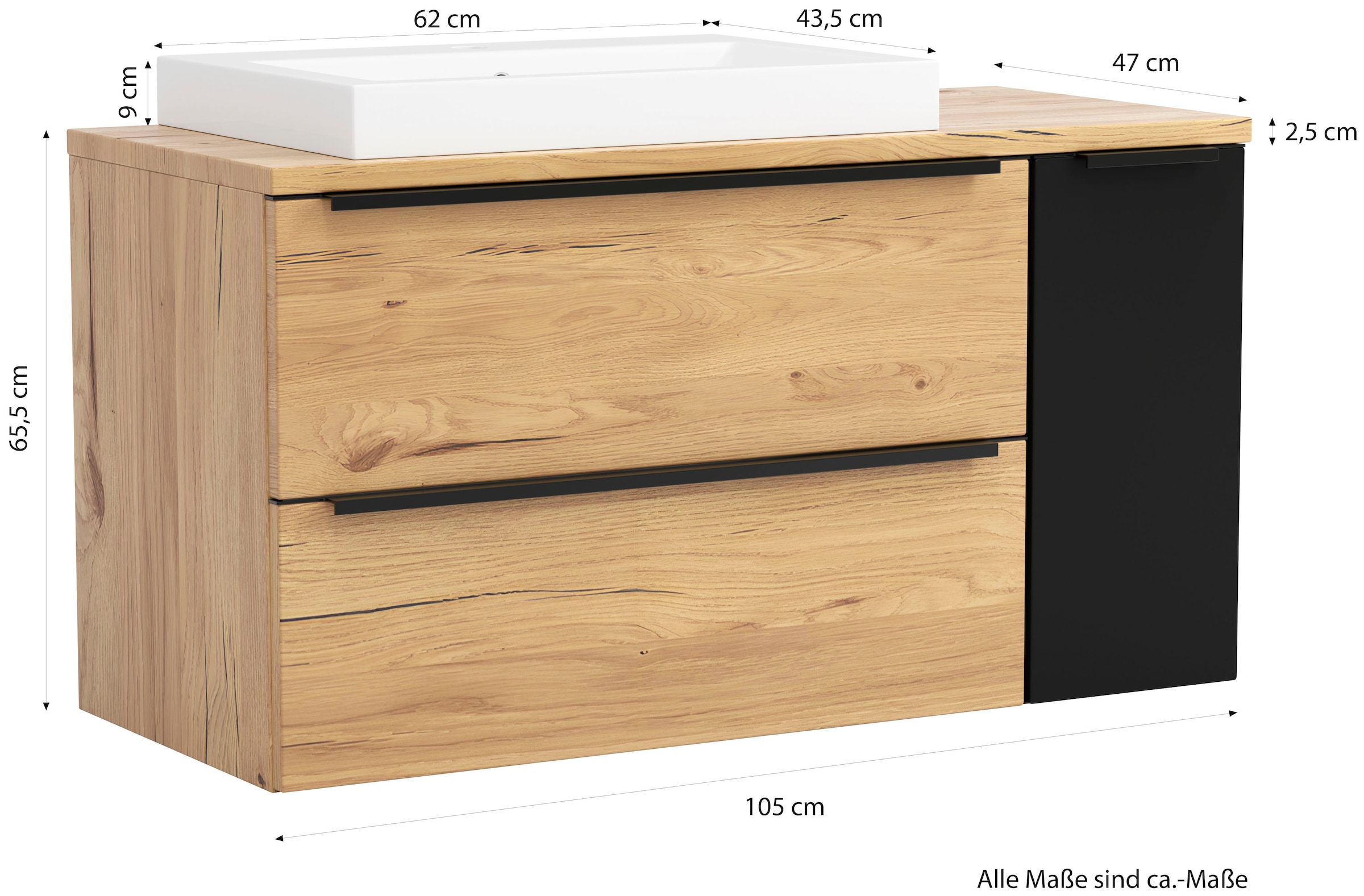 welltime Waschtisch »MAILAND, 2 Metall-Vollauszüge mit Softclose, Aufsatzbecken« Masse (B/H/T): ca. 105/65,5/47 cm, 