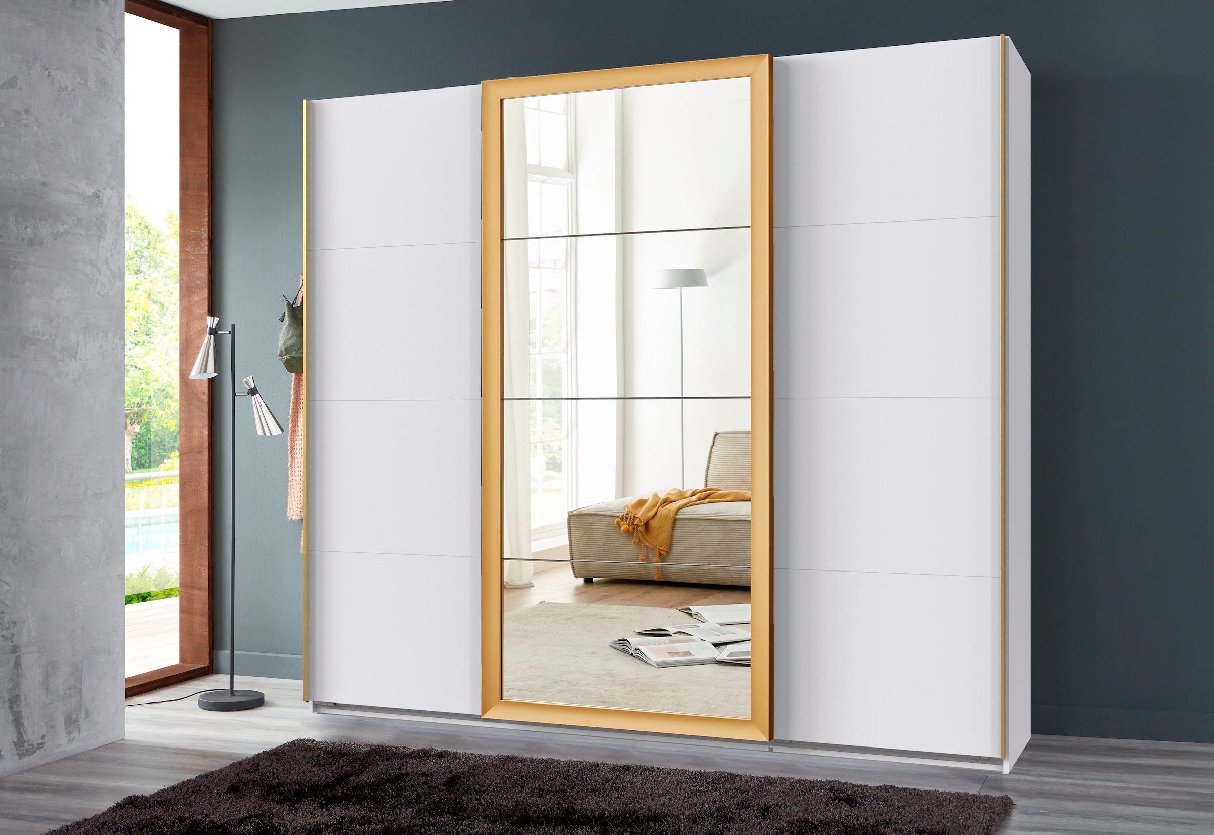 Wimex Schwebetürenschrank "Katar, Kleiderschrank erhältlich in den Breiten 225cm und 270cm" inkl. Spiegel, Akzente in Gold