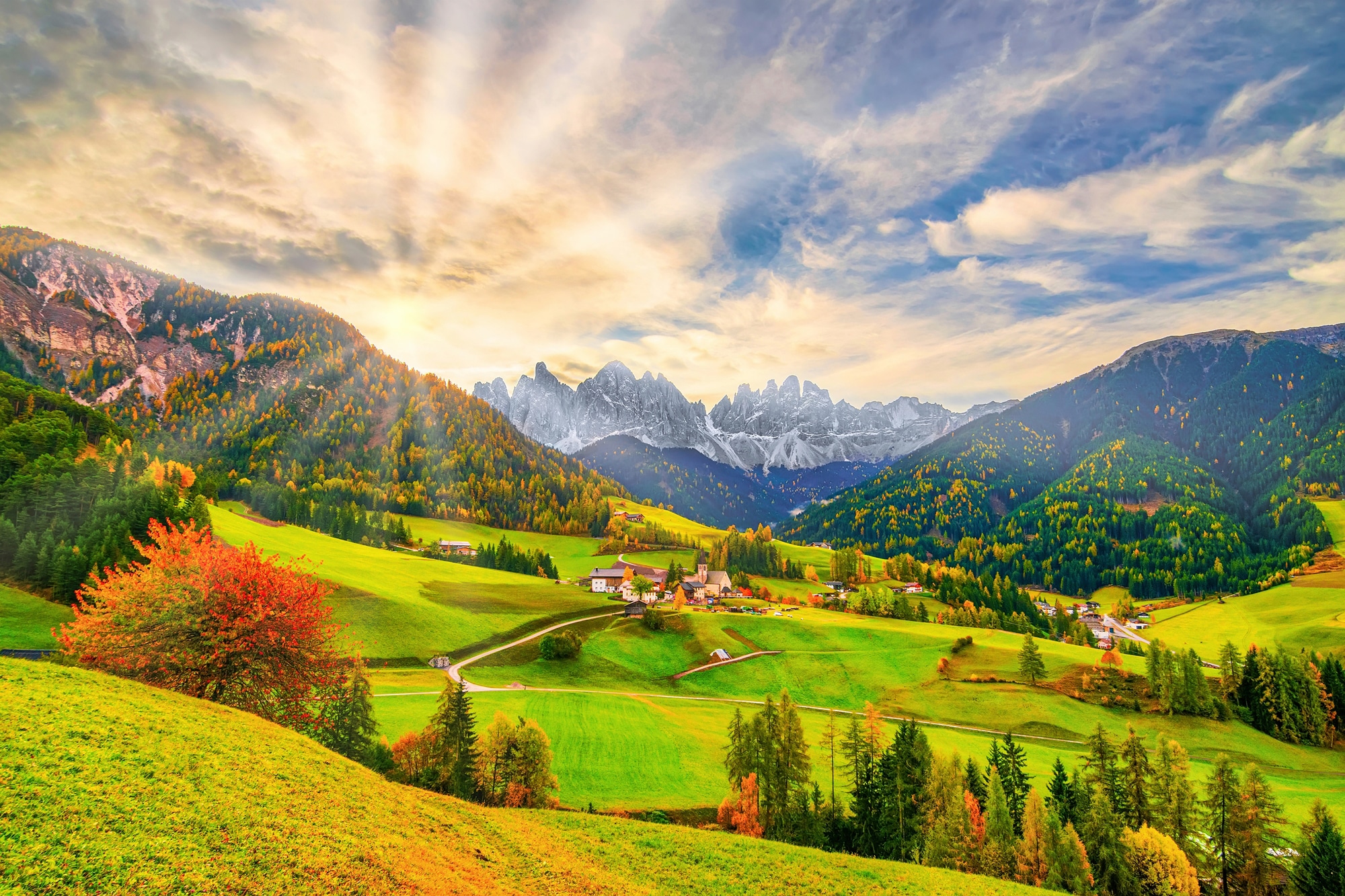 Image of Papermoon Fototapete "SANTA MADDALENA-BERG DORF DOLOMITEN WIESE BLUMEN ALPEN"