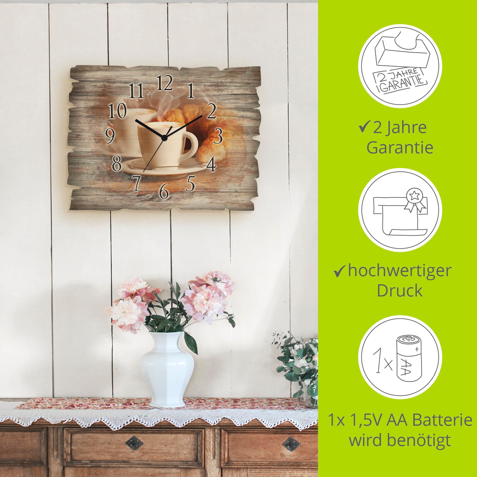 Artland Wanduhr »Dampfender Cappuccino und Croissant« wahlweise mit  Quarz- oder Funkuhrwerk, lautlos ohne Tickgeräusche