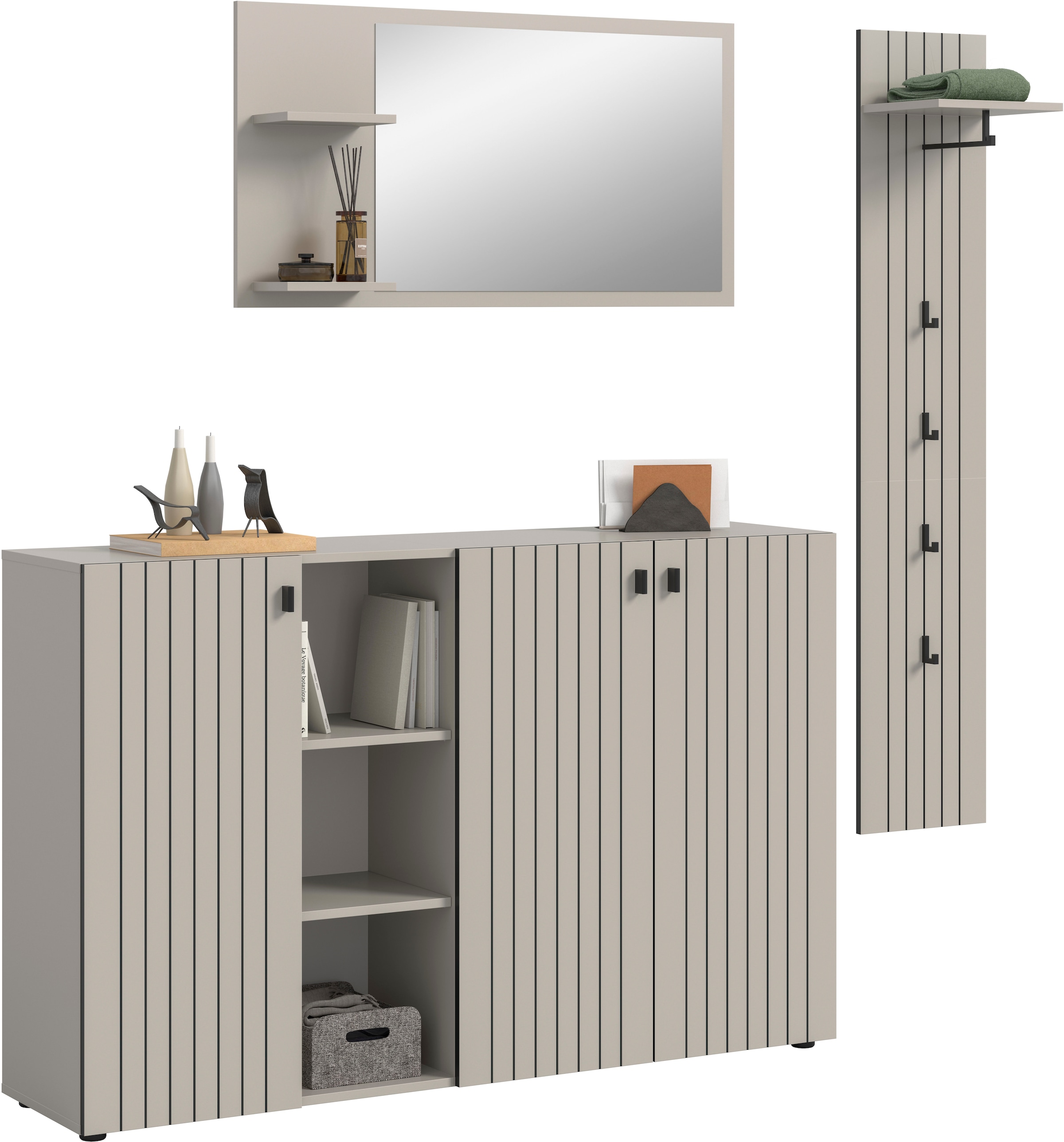 Home affaire Garderoben-Set »TATIO, 3-tlg. Garderobenkombination, Breite: 201 cm, Rillenfräsung« Set, Set, best. aus: 1 Spiegel, 1 Garderobenpaneel, 1 Schuhkommode, 3 Stk. tlg.