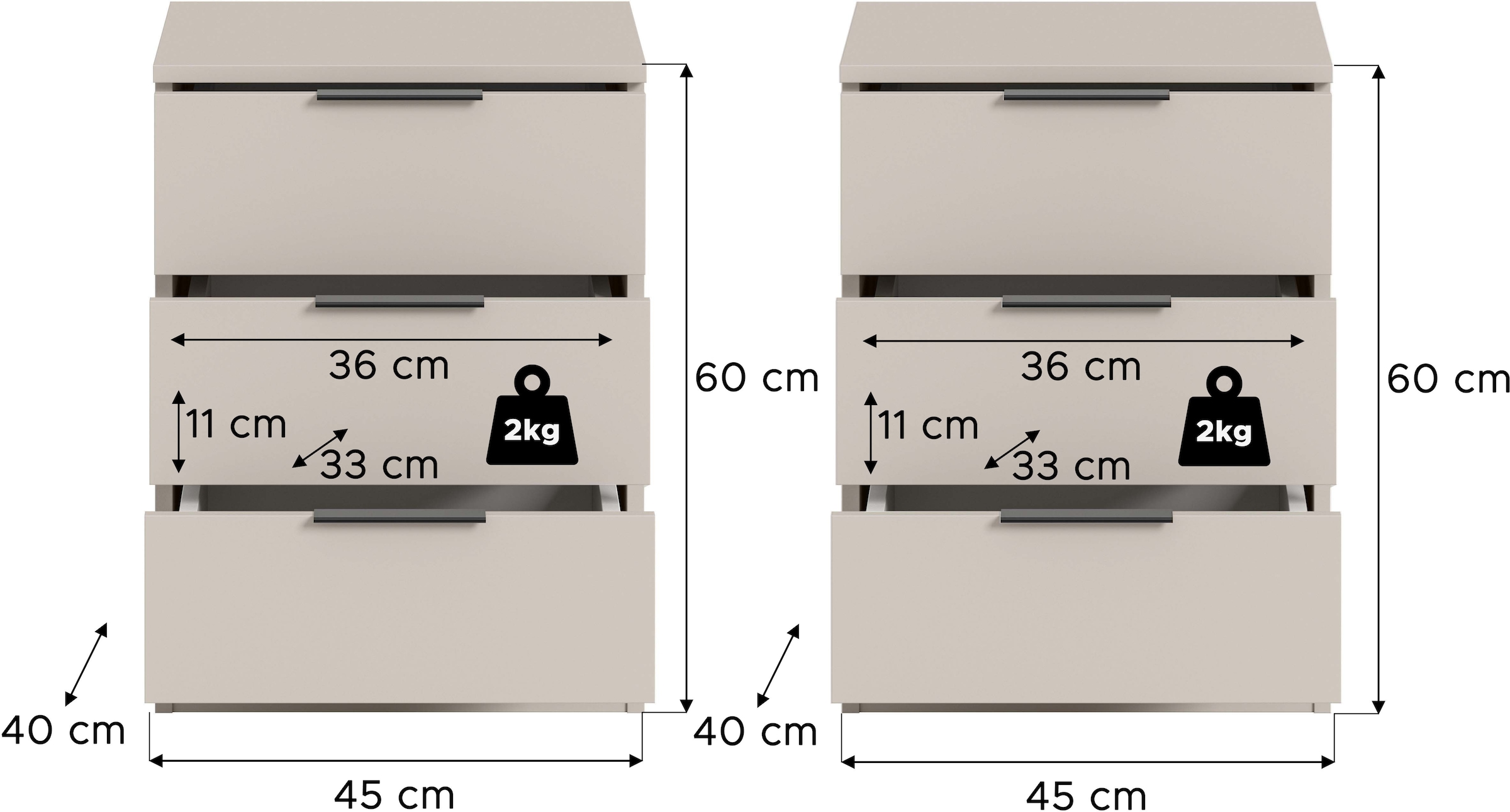 Home affaire Table de nuit »Skarde 2 Nachttische, jeweils Breite: 45 cm« Set, Sie bekommen 2  Nachttische im Set, 2 cuis tlg. Skarde, 2er Set Nachtkommoden, 3 Schubkästen, kashmir