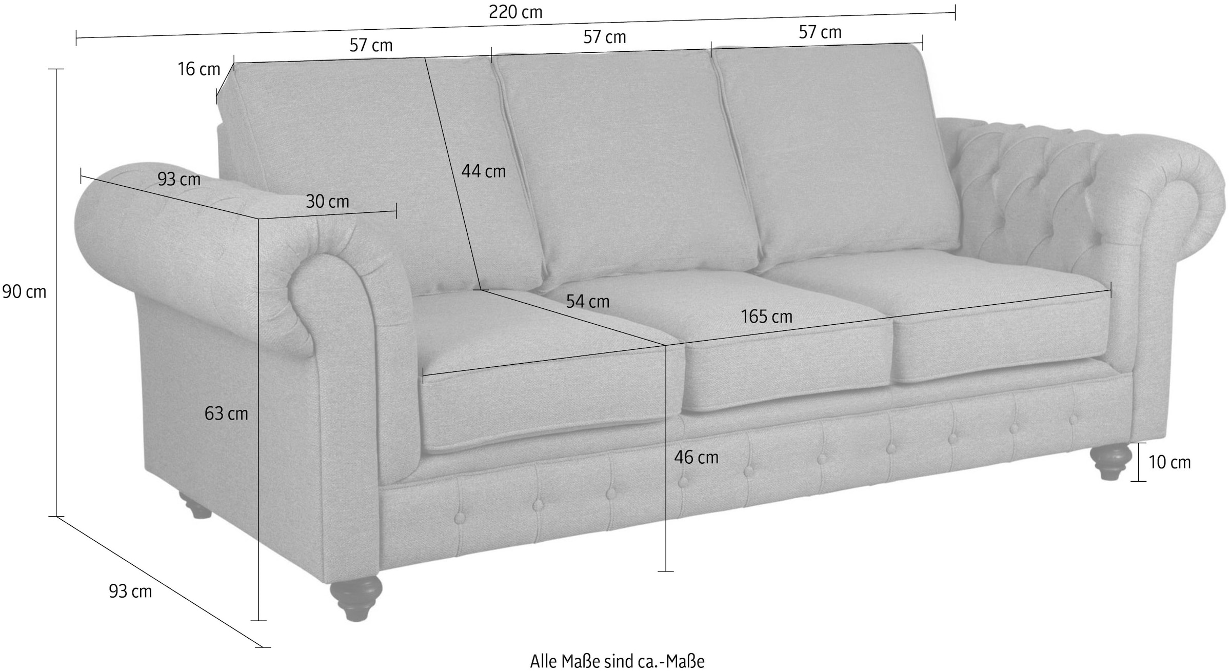 Home affaire 3-Sitzer »MENDITTE B/T/H: 225/93/90 cm«, Knopfheftung im Armlehnbereich und an Vorderkante, hohe Qualität