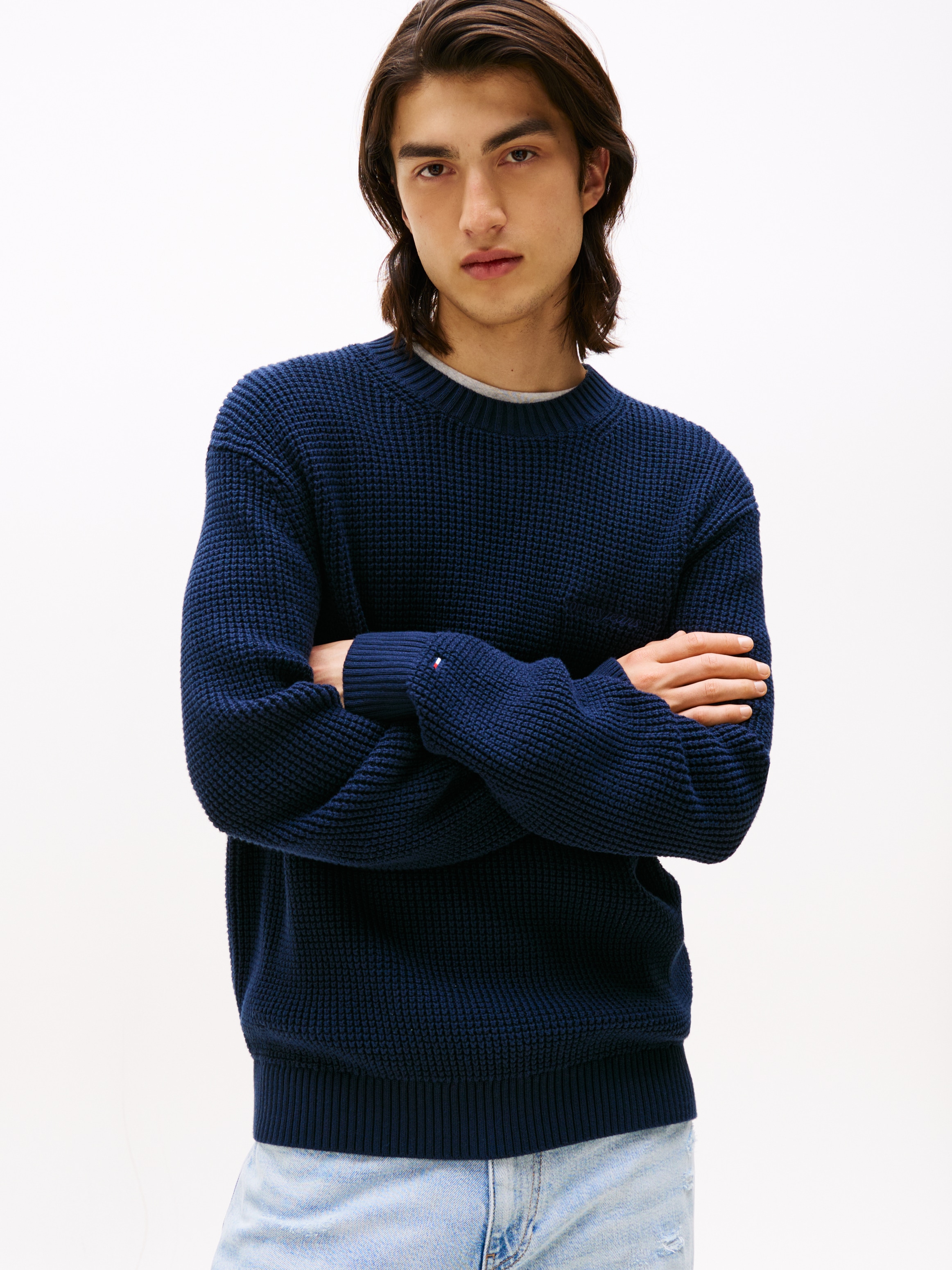 Image of Tommy Jeans Strickpullover "TJM SCRIPT CHUNKY" Regular Fit, Rundhals Waffelpique Strick