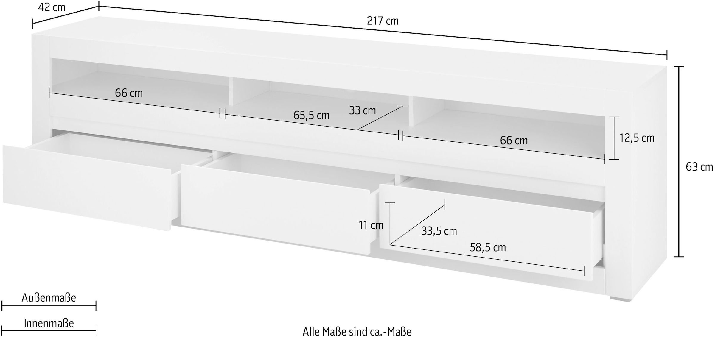 INOSIGN Lowboard »Chester, moderner TV-Unterschrank, Kommode mit Stauraum, Weiss Matt«, (1 St.), austauschbare Blende in Griffleiste, zeitloses Design, 217 cm breit