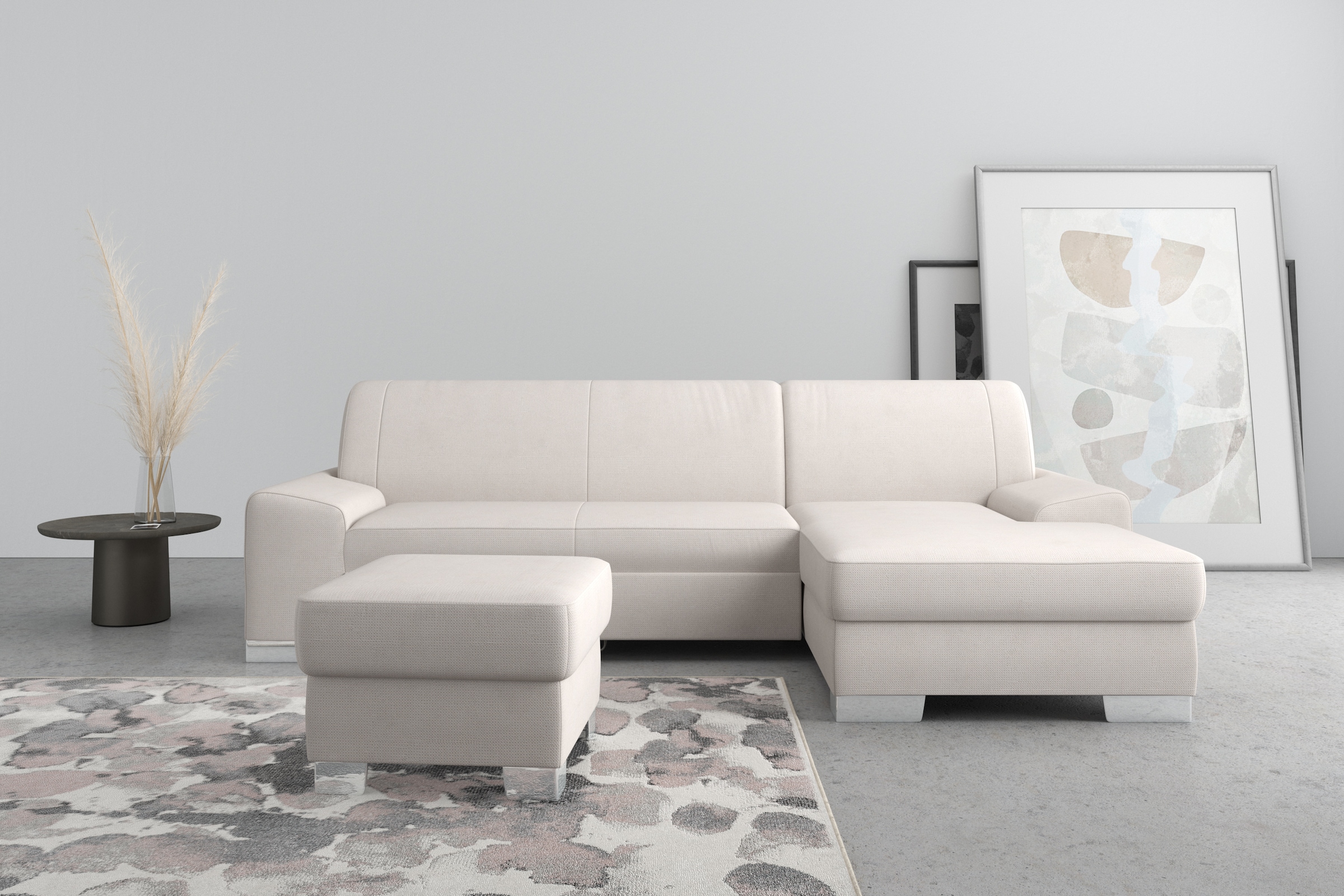 Image of DOMO collection Ecksofa "Anzio L-Form, whlw. Bettfunktion, Federkern, hochwertig, Breite 271 cm" Ohne Bettfunktion, Recamiere rechts, Chenille-Struktur, creme