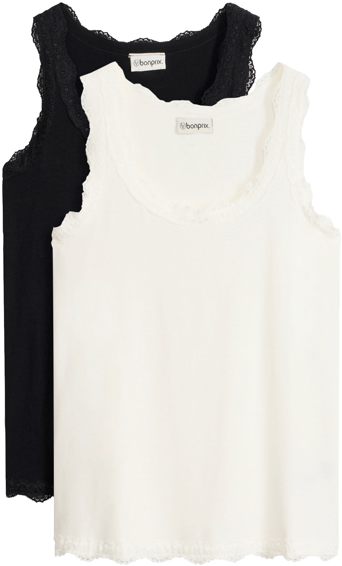 Image of bonprix Shirttop Packung, 2 Stk. schmale Passform, mit dekorativer Spitze, aus Viskose-Mix