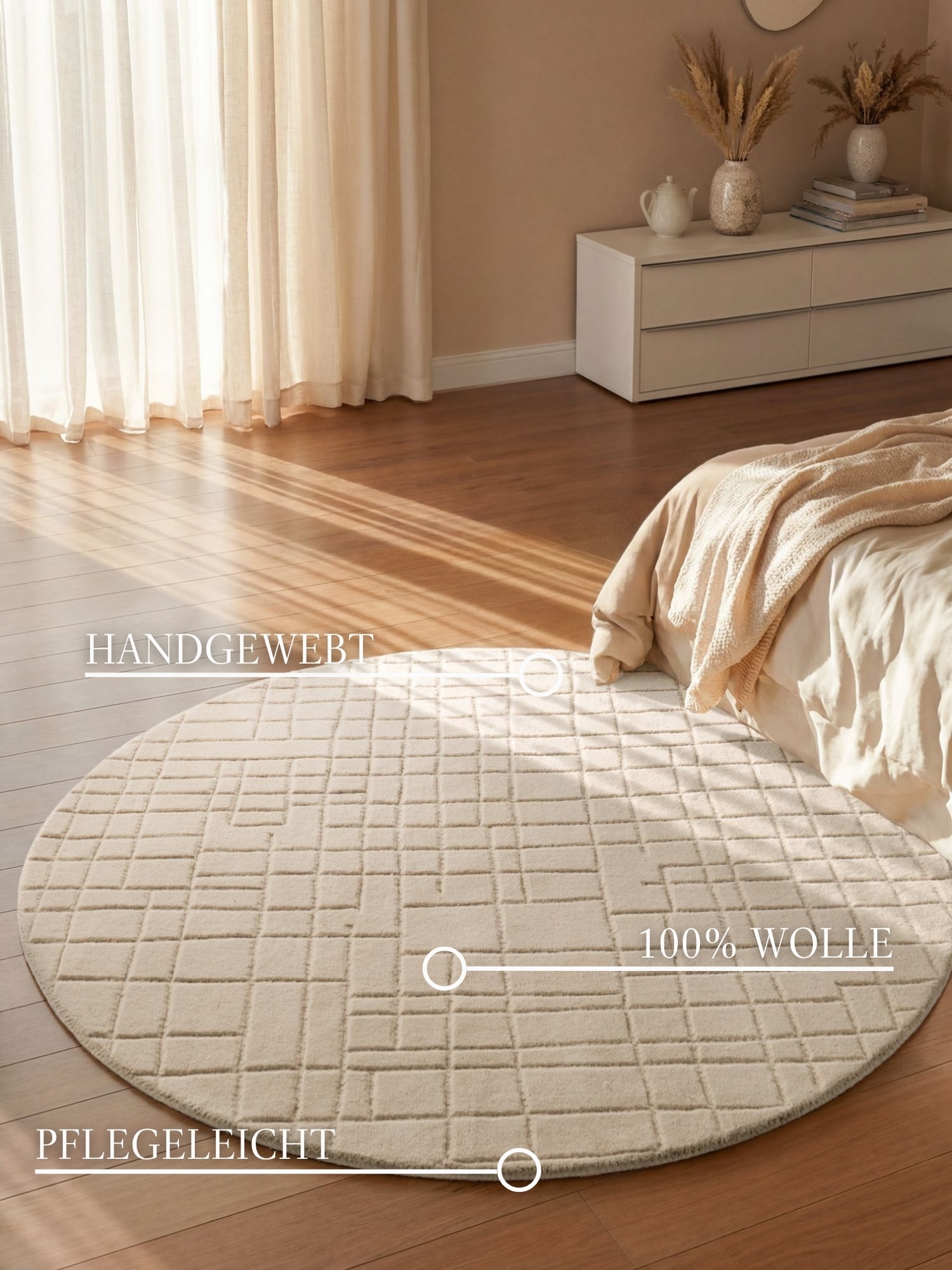 Villeroy & Boch Tapis en laine »Kenso« Rond 15 mm Höhe laine, à carreaux, naturel, fait main, salon, chambre, hygge