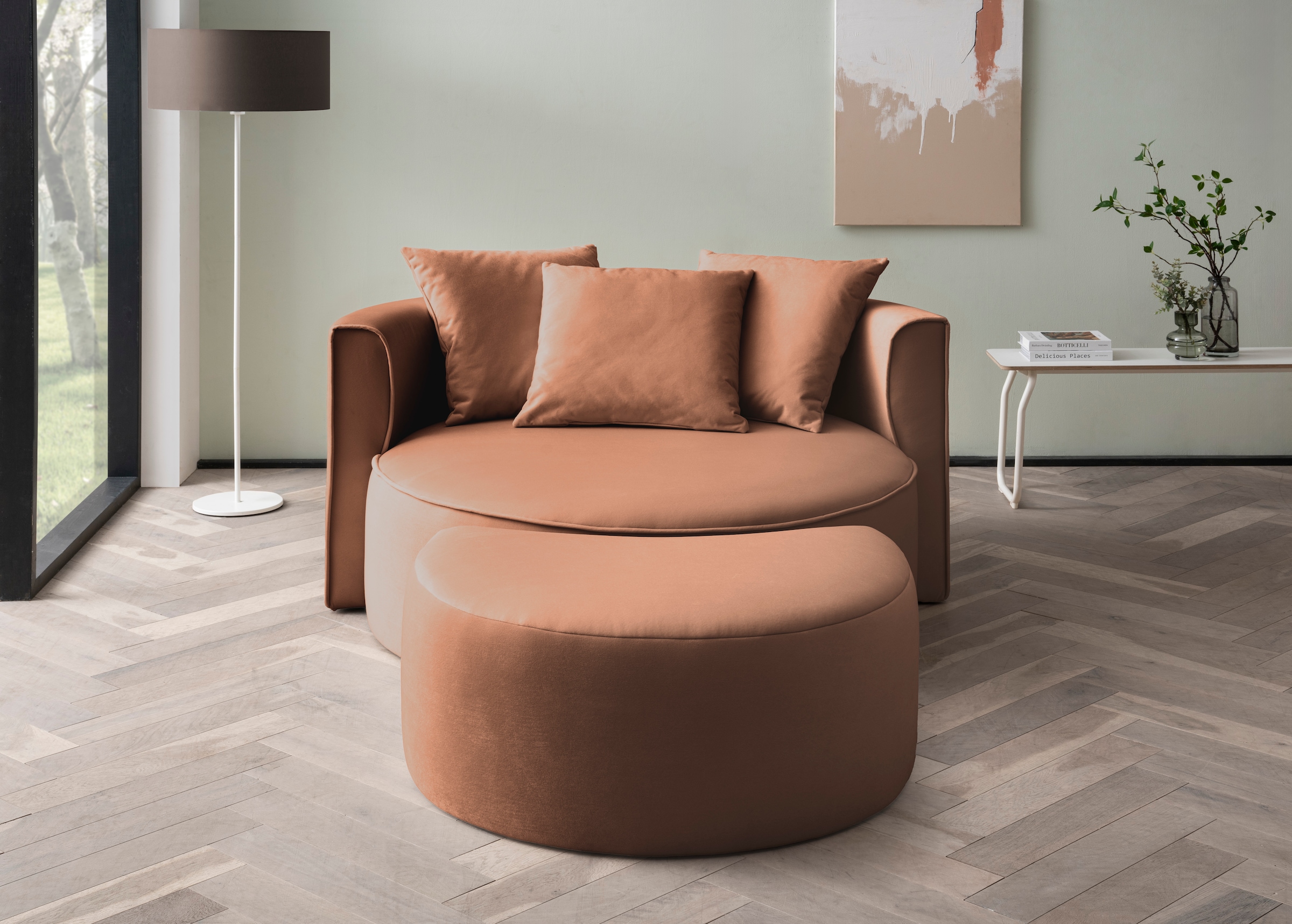 LeGer Home by Lena Gercke XXL-Sessel »ISALIE, Rundsessel mit Hocker, Lesesessel, Loveseat, Big-Sessel«, (Set), trendige Stoffe, 3 Zierkissen, grosse Sitzfläche, Cord, Samt, Bouclé
