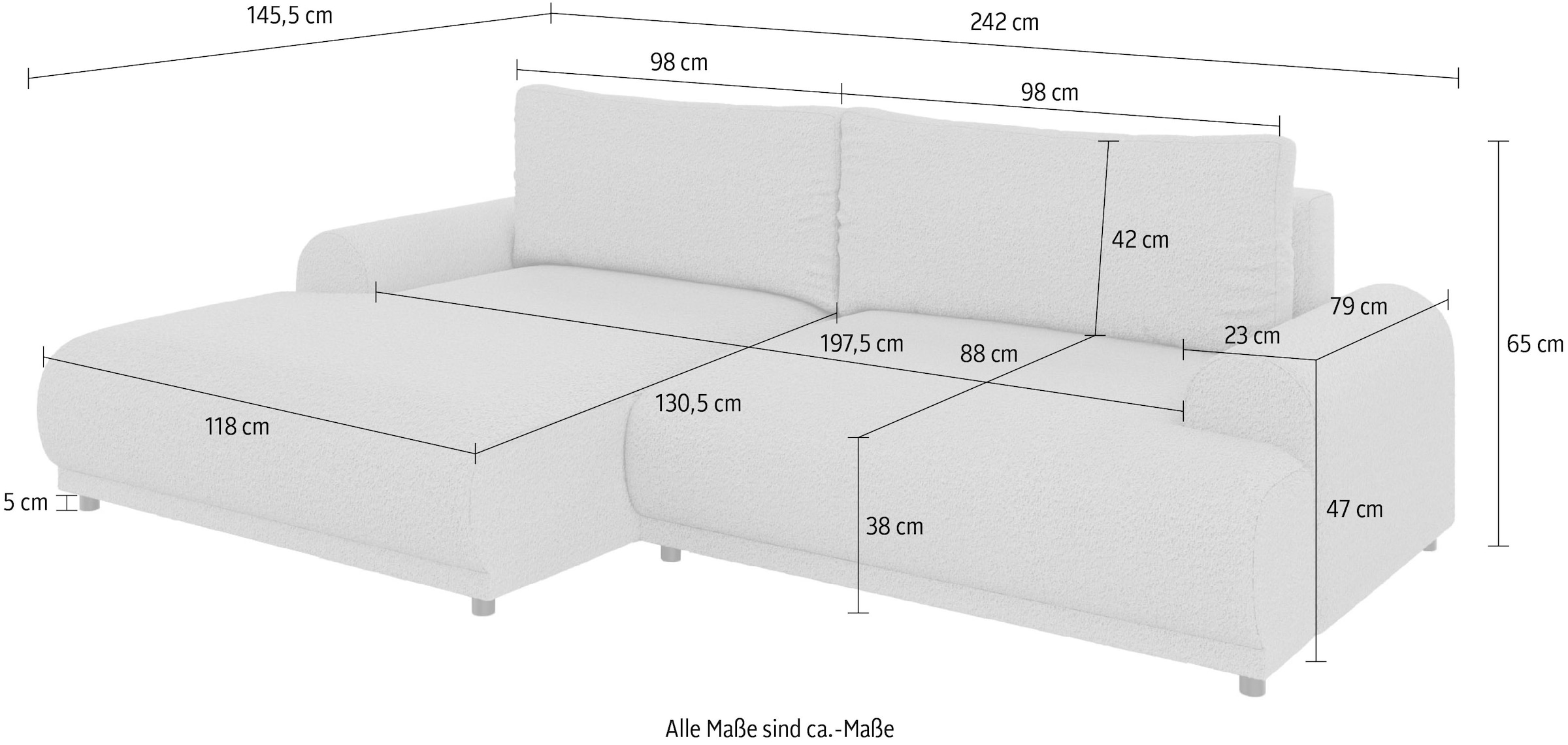 INOSIGN Ecksofa »Marsby, mit Bettfunktion und Bettkasten, Masse: B/H/T 242/65/145 cm« L-Form mit Wellenunterfederung, Recamiere links oder rechts bestellbar