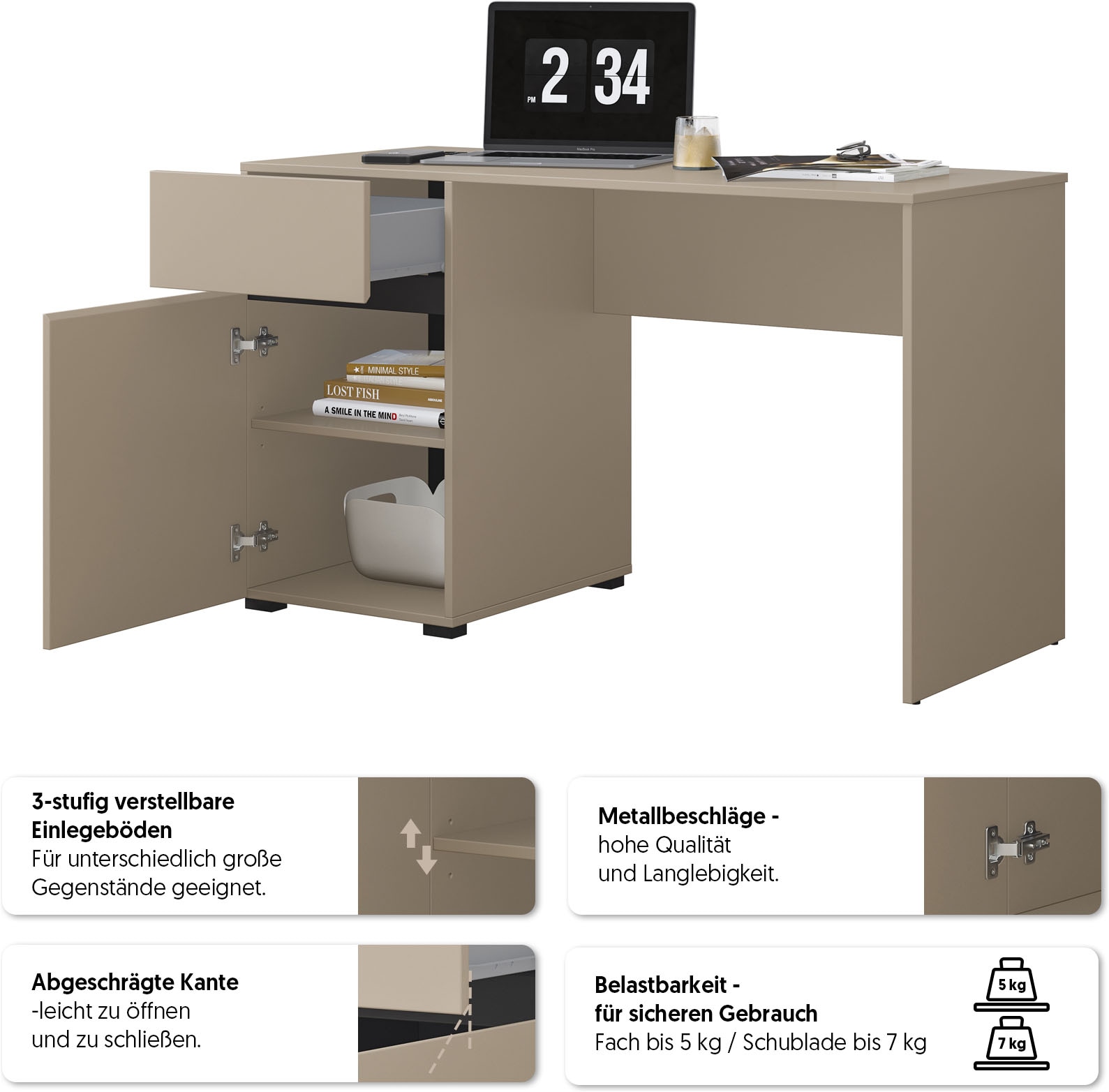 GOODproduct Schreibtisch »Cross, Breite 130 cm, praktischer Computertisch« Bürotisch mit 1 Schublade und Tür, Tischplatte mit Kabeldurchführung