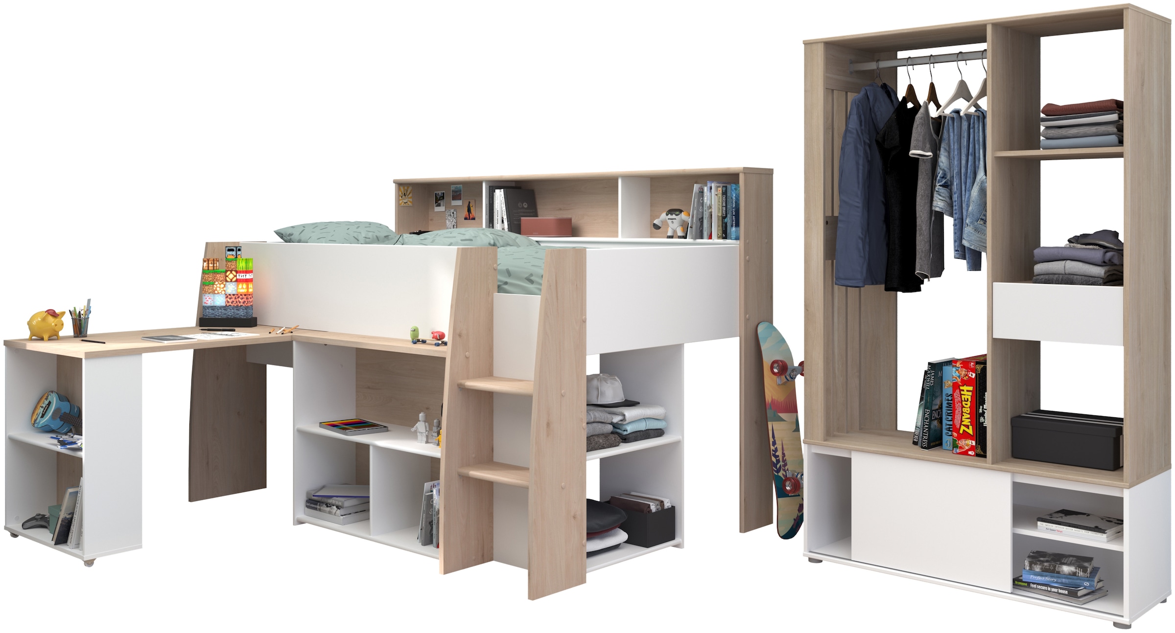 Parisot Jugendzimmer-Set »Parisot Lucas 11«, (2 tlg.), Schreibtisch ausziehbar, Kleiderschrank offen, Ablagen und Regale