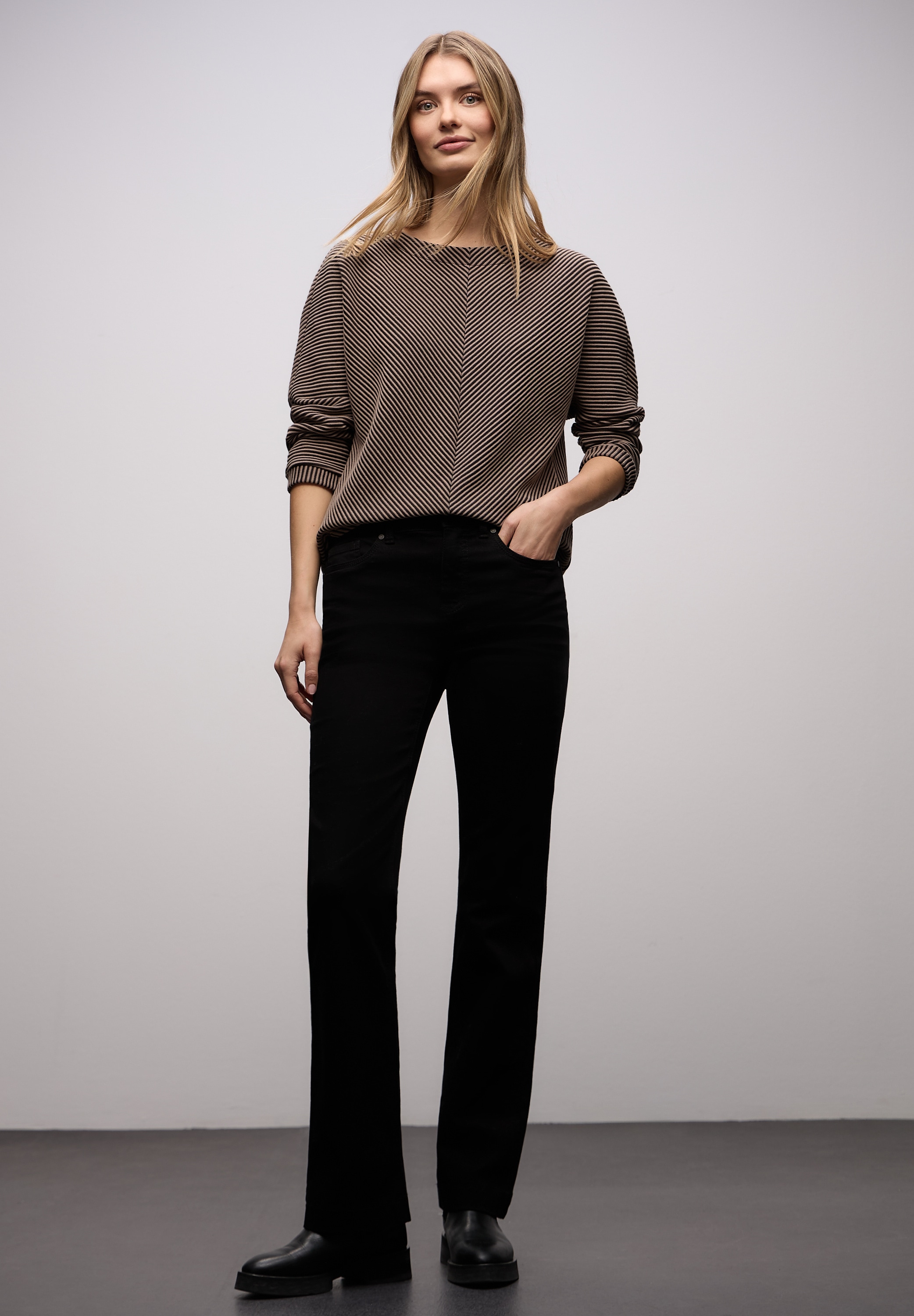 STREET ONE Pull en tricot manches 3/4 avec effet bicolore et motif structuré fin