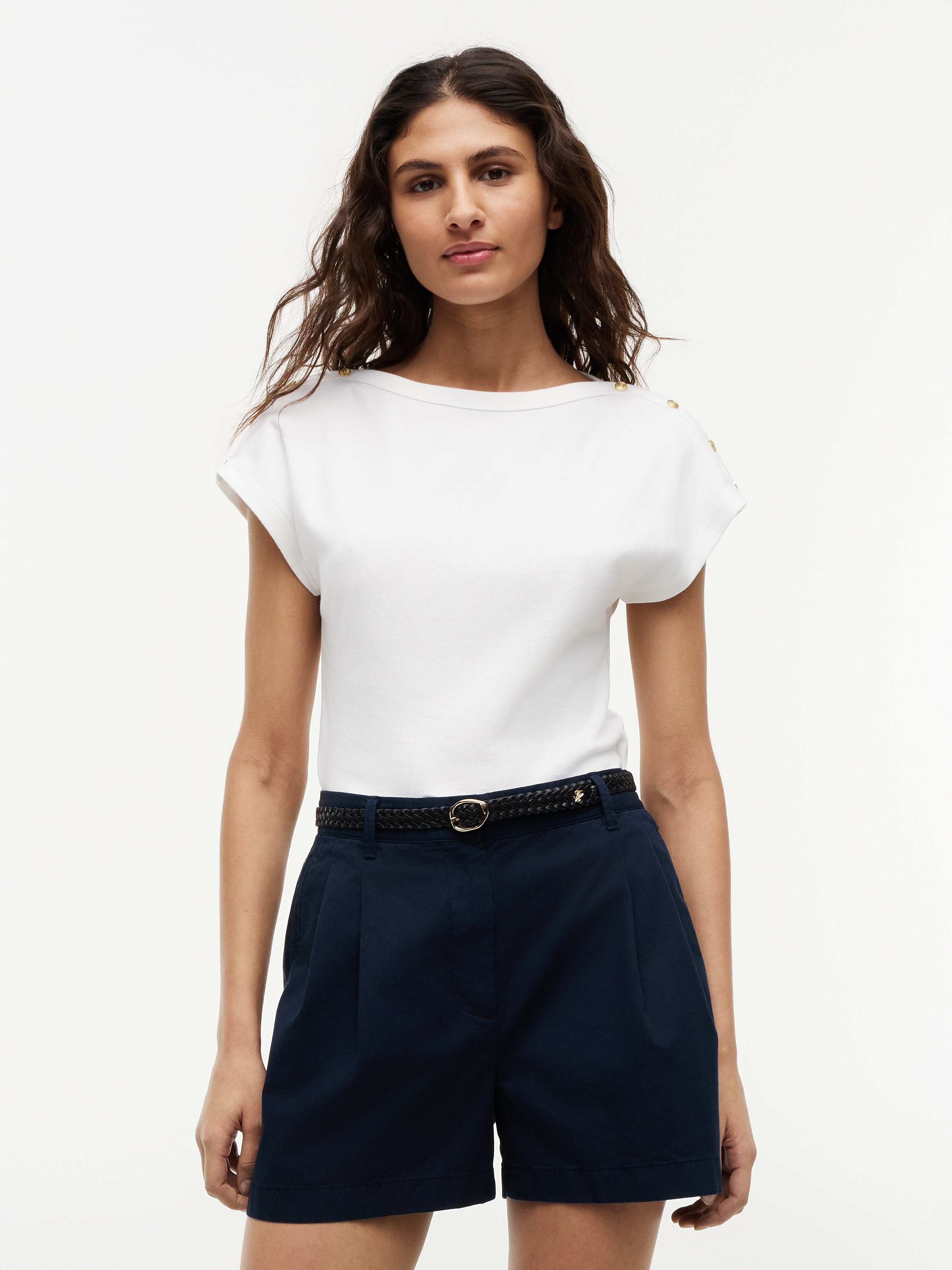 Image of Tommy Hilfiger Kurzarmshirt "GOLD BTN CAP-SLV BOAT-NK TEE" Baumwolle, mit goldfarbenen Knöpfen