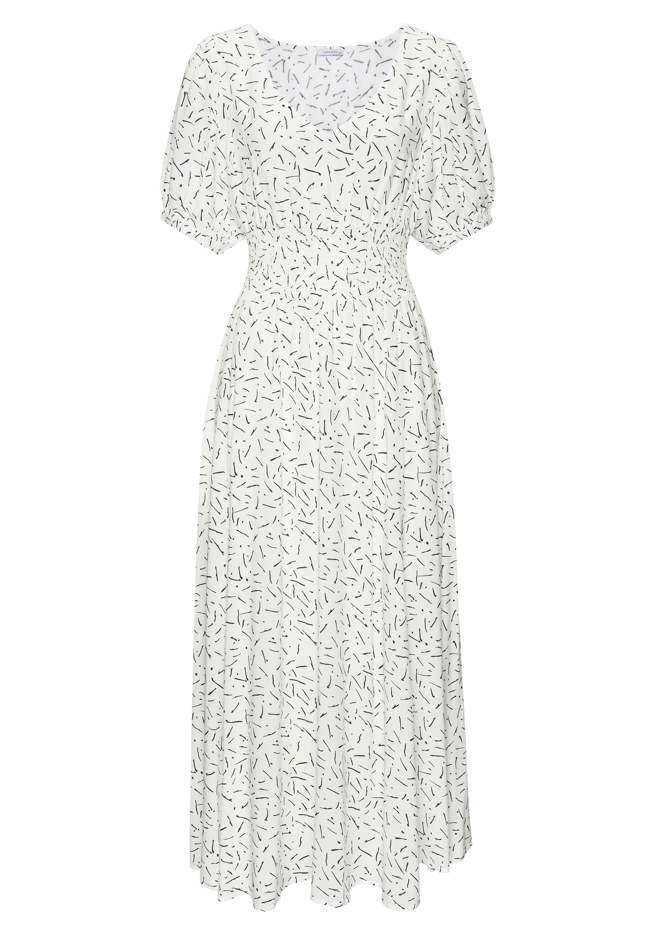 LASCANA Maxi robe »mit Alloverdruck und V-Ausschnitt aus Webware« Sans poches robe d'été à manches bouffantes, robe tissée élégante, robe de plage