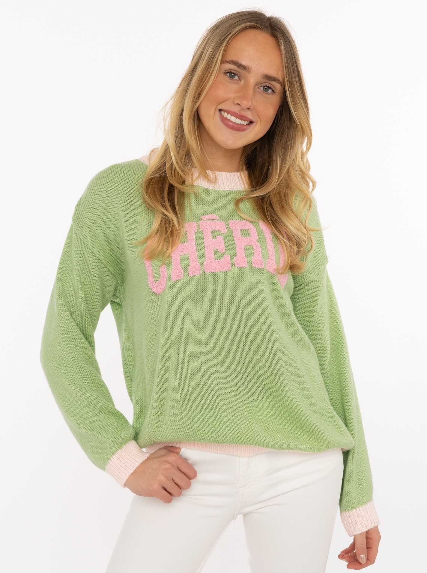 Image of Zwillingsherz Strickpullover ""Cherie"" Rundhals, farbig abgesetzte Kanten, Schriftzug, One Size