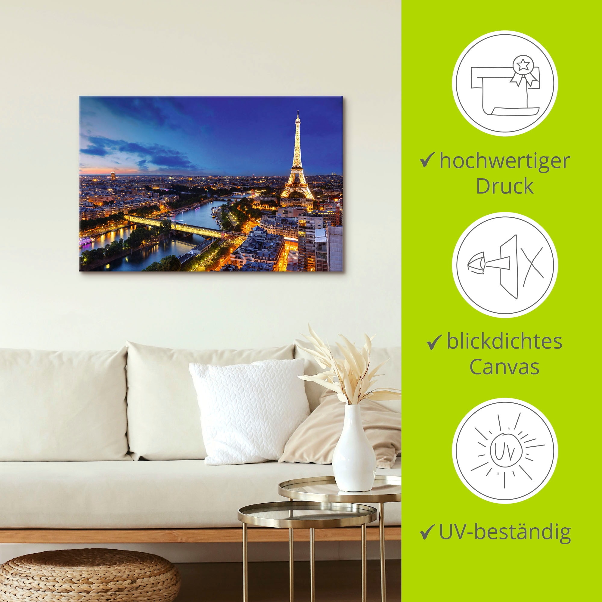 Artland Wandbild »Eiffelturm und Seine am Abend, Paris«, Paris, (1 St.), als Alubild, Outdoorbild, Leinwandbild, Poster, Wandaufkleber