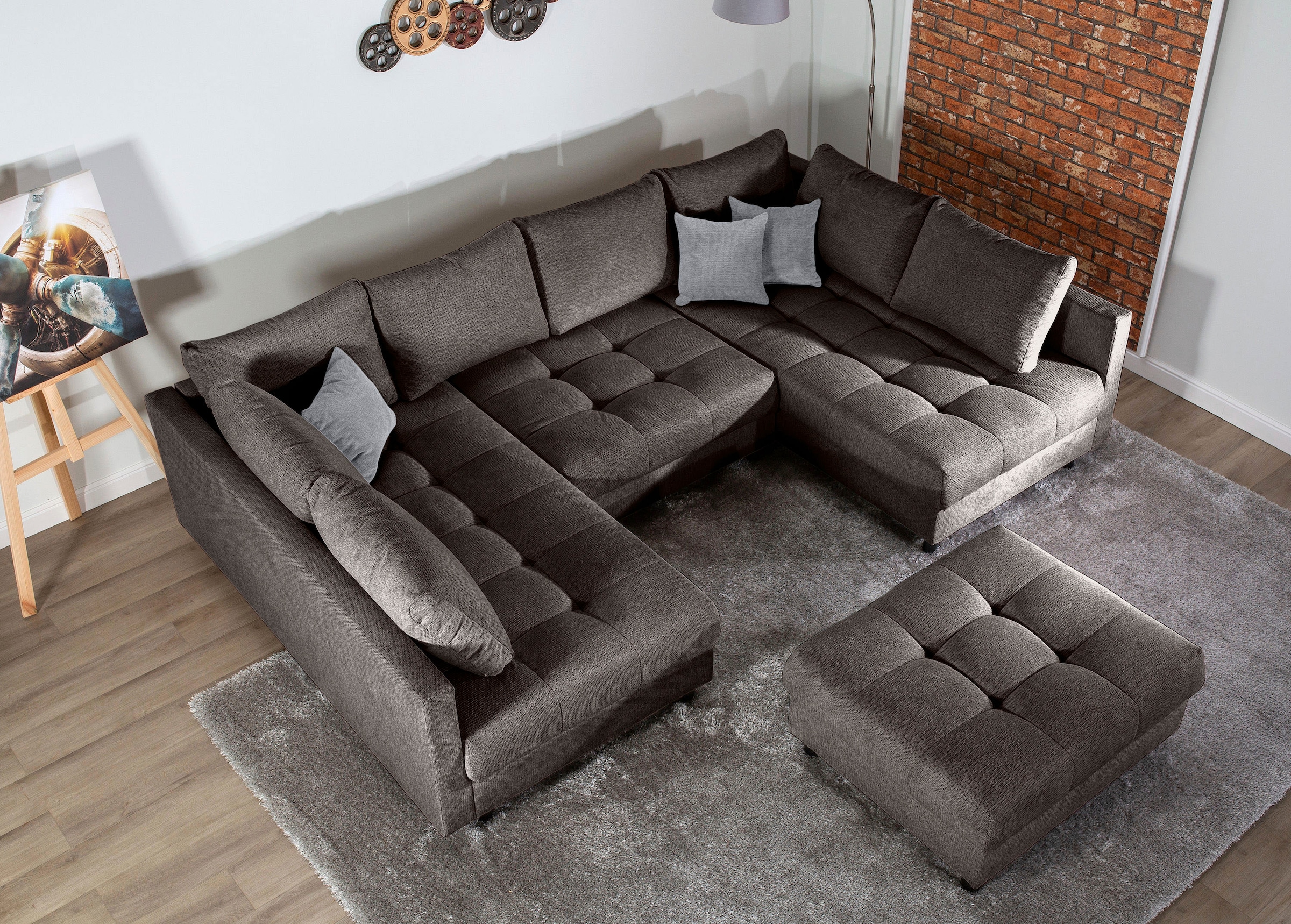 COLLECTION AB Wohnlandschaft »Toni U-Form, B: 298 cm, XXL-Liegefläche 282x178 cm mit Hocker« Set: Sofa & Hocker, 3 Zierkissen, Federkern