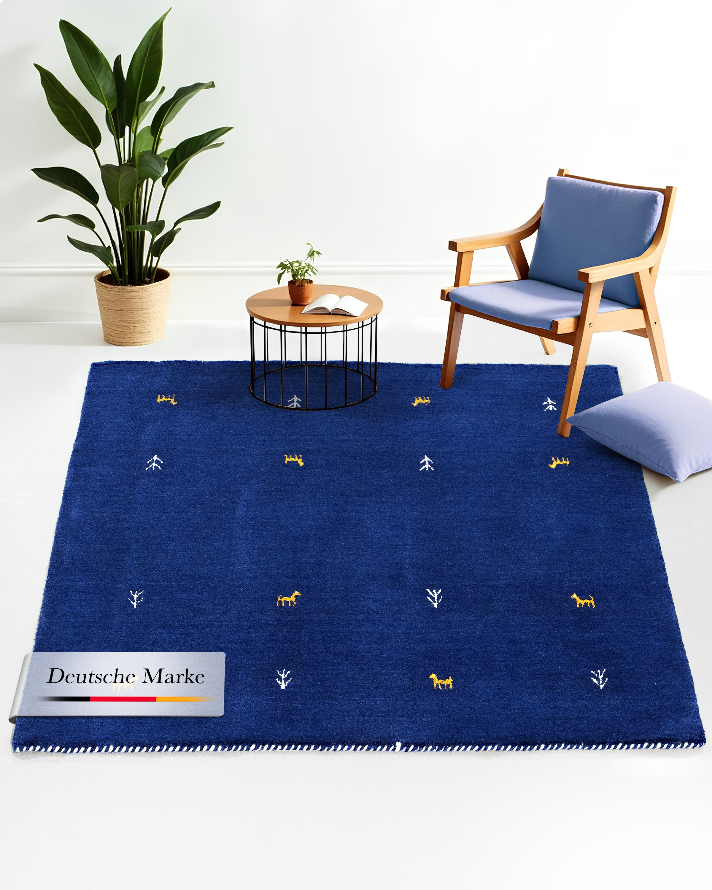 Image of carpetfine Wollteppich "Gabbeh-Uni" quadratisch 15 mm Höhe reine Wolle, handgewebt, Gabbeh Loom Tiermotiv, Sonderform Quadrat