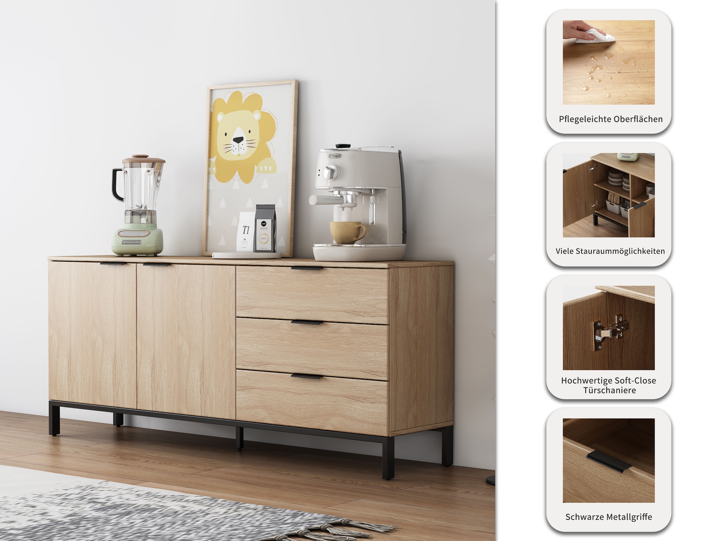 GOODproduct Sideboard »Jorinde« Melaminoberfläche, flexibler Stauraum und robustes Metallgestell