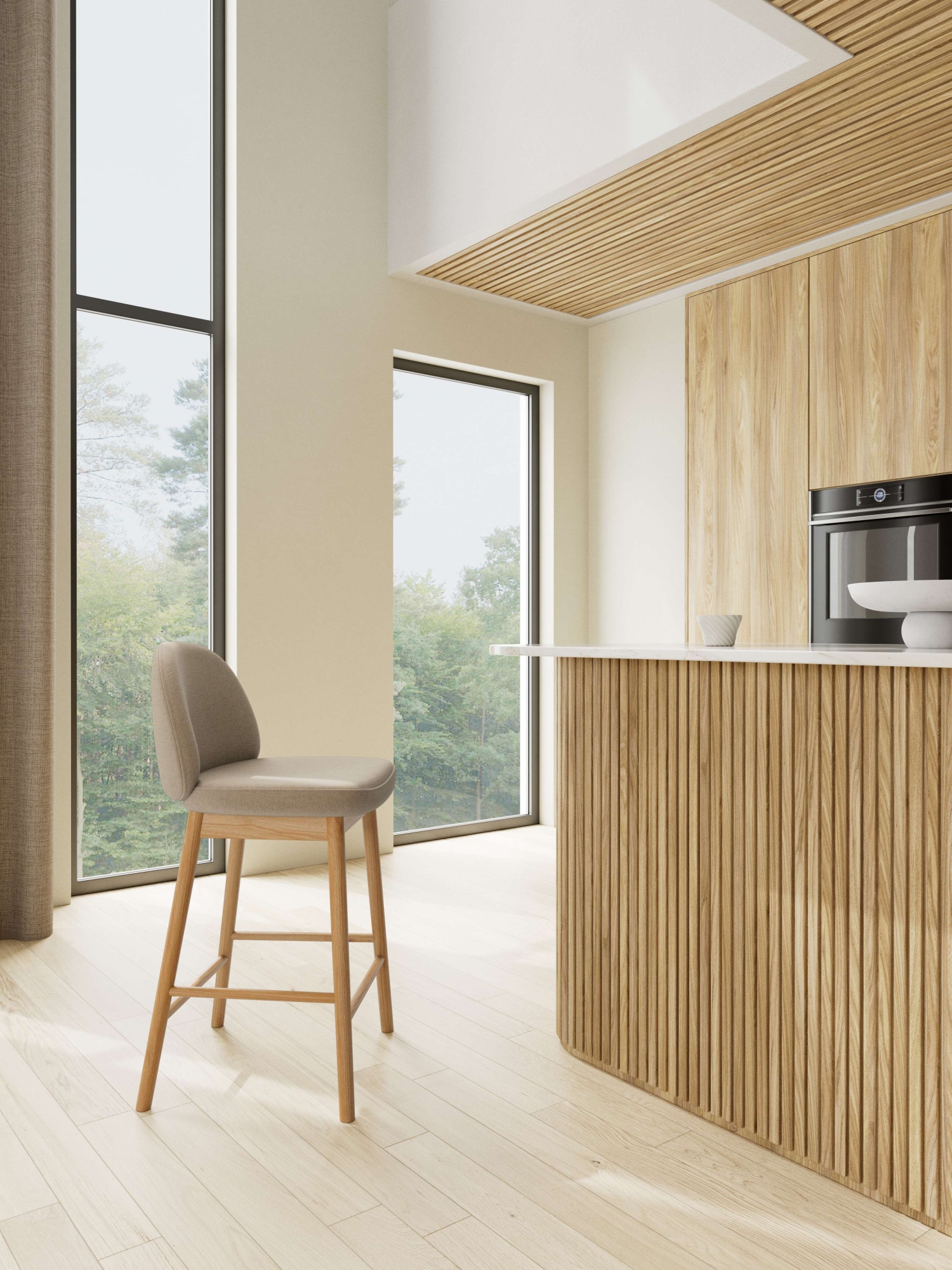 ACTONA GROUP Barhocker »Sophia - Bequemer Barstuhl aus Eiche mit Fussstütze & Rückenlehne« Set, 2 Stk. tlg. Skandinavisches Design, Sitz aus Stoff, für Küche & Essbereich