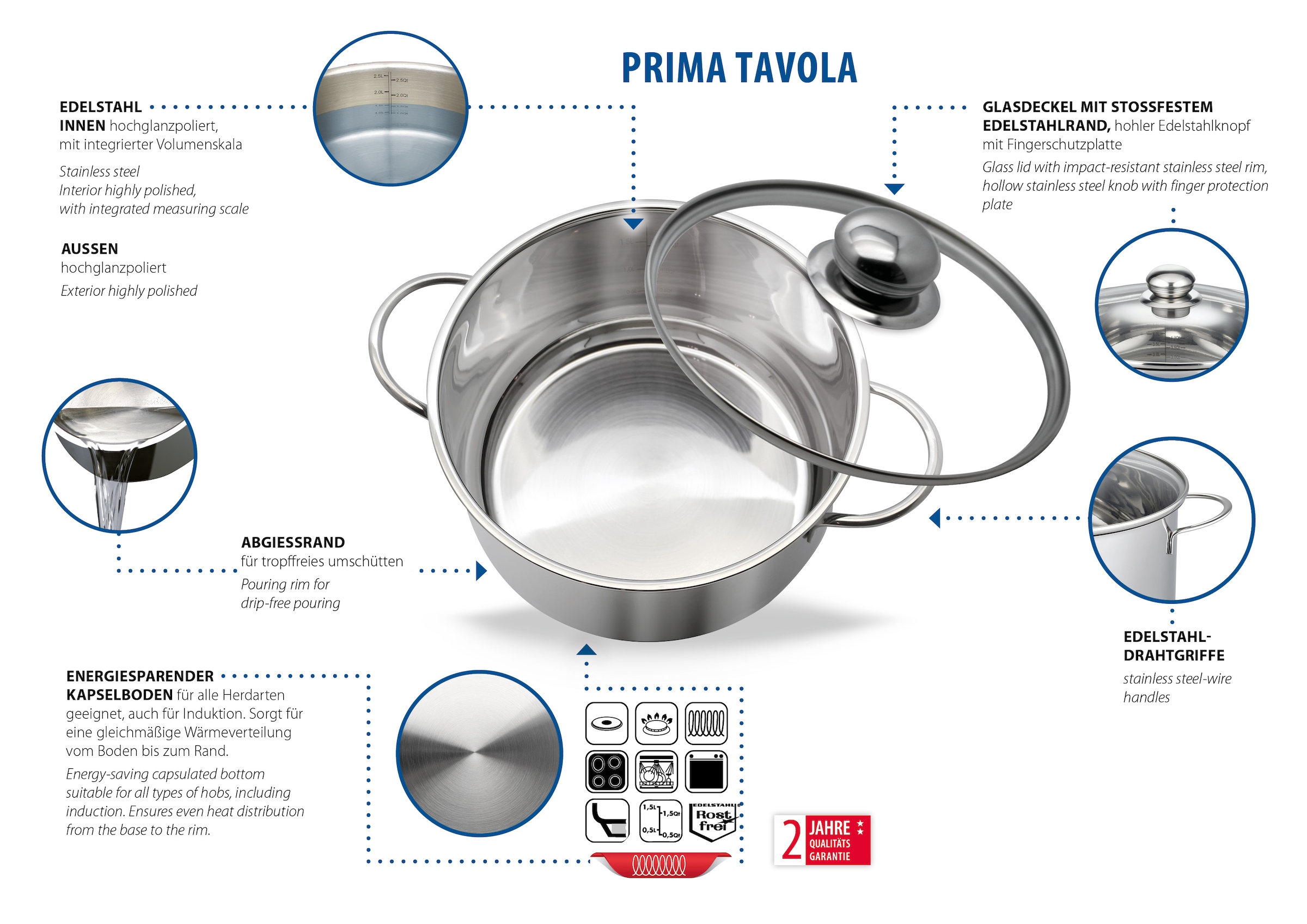 Elo Basic Set de casseroles »Prima Tavola Edelstahl Topfset 20-teilig« Ensemble, 20 cuis tlg. Acier inoxydable 201