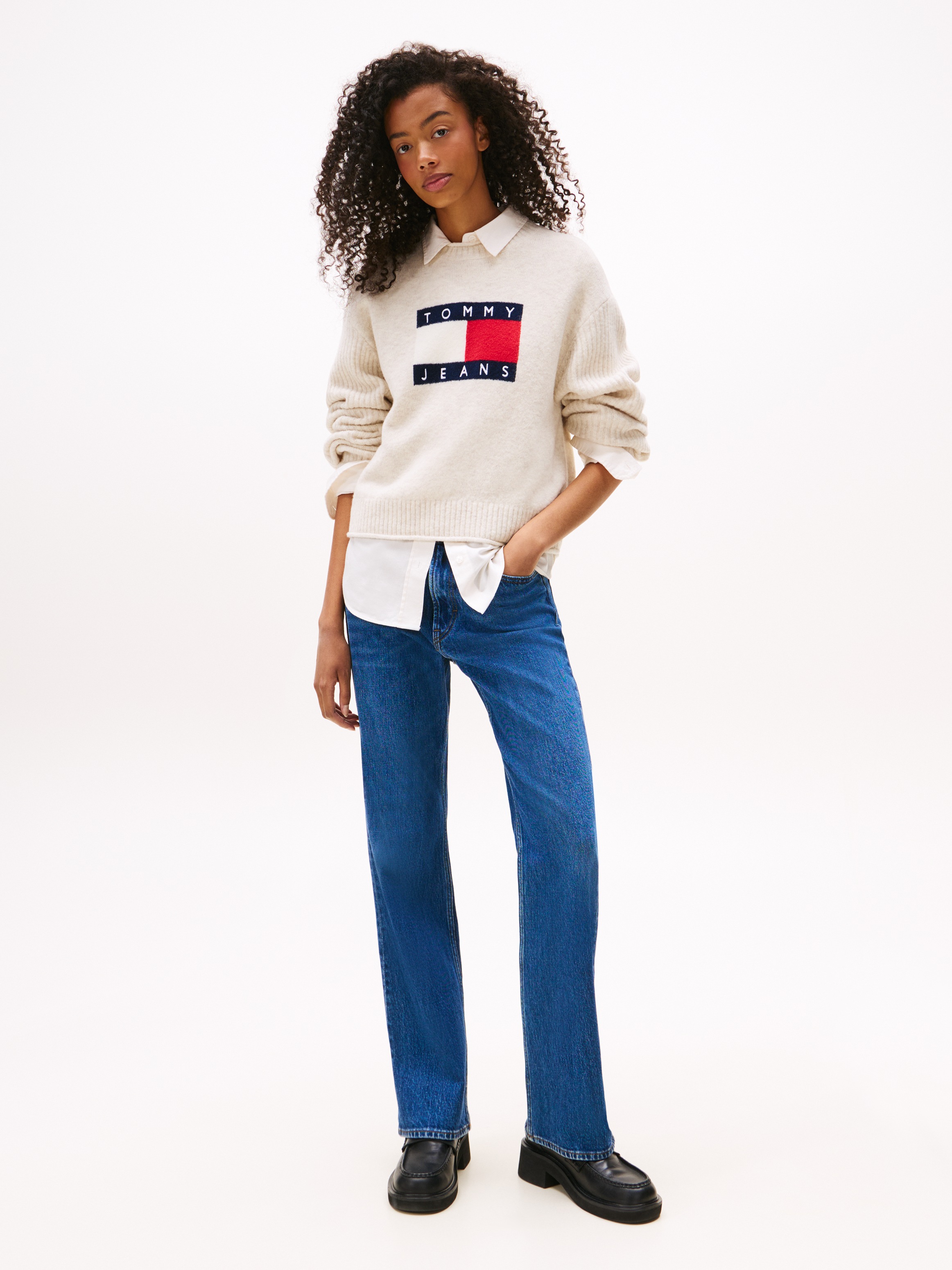 Tommy Jeans Strickpullover »TJW MELANGE FLAG SWEATER RIB EXT«, in gerippter Struktur