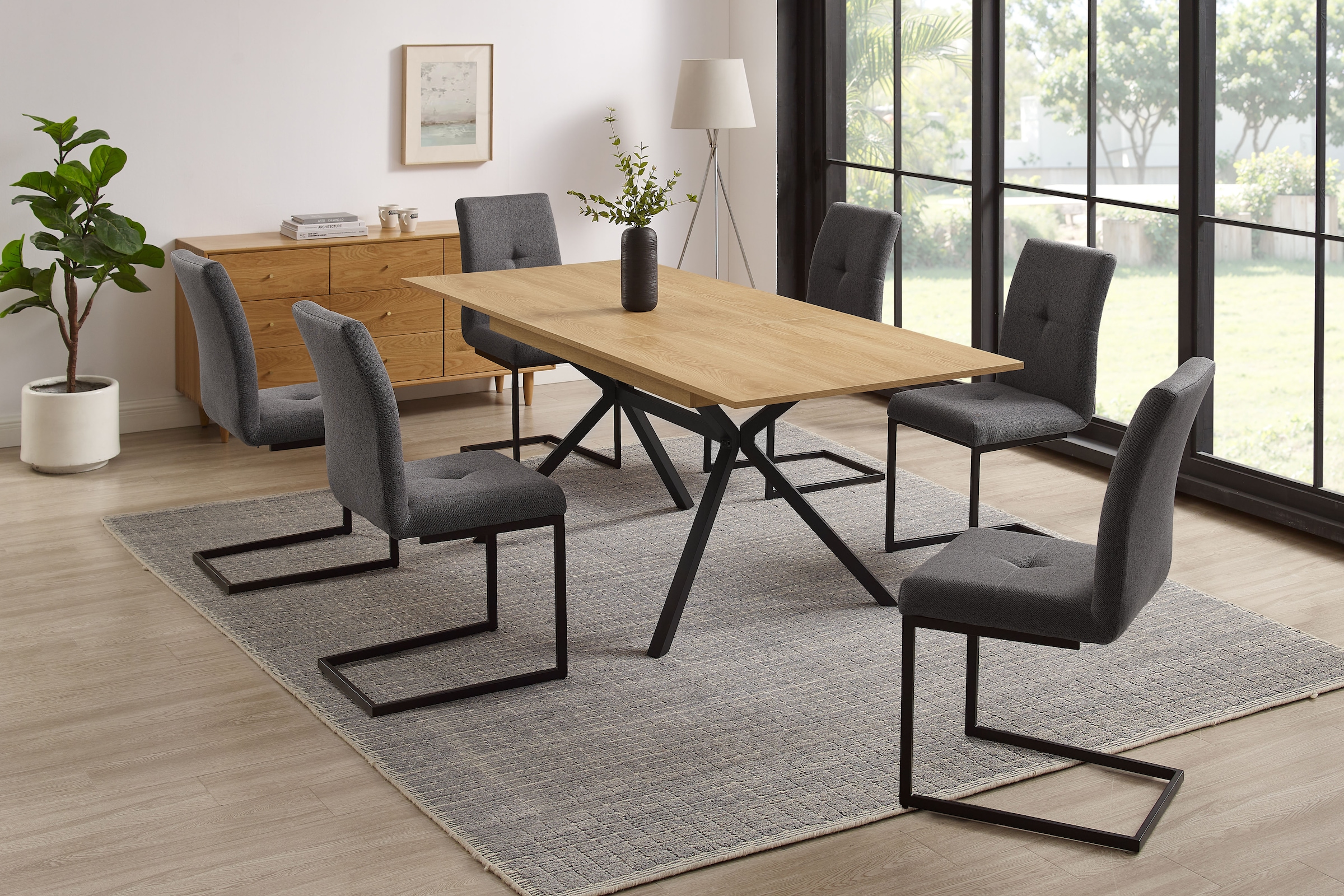 GOODproduct Ensemble de salle à manger »Vendy, Esstisch ausziehbar plus 6 Freischwinger« Set, Esstisch ausziehbar 160 - 210 cm plus 6 Esszimmerstühle, 7 cuis tlg. pflegeleichte Strukturstoff-Stühle, 3D-Steppung, ausziehbarer Tisch