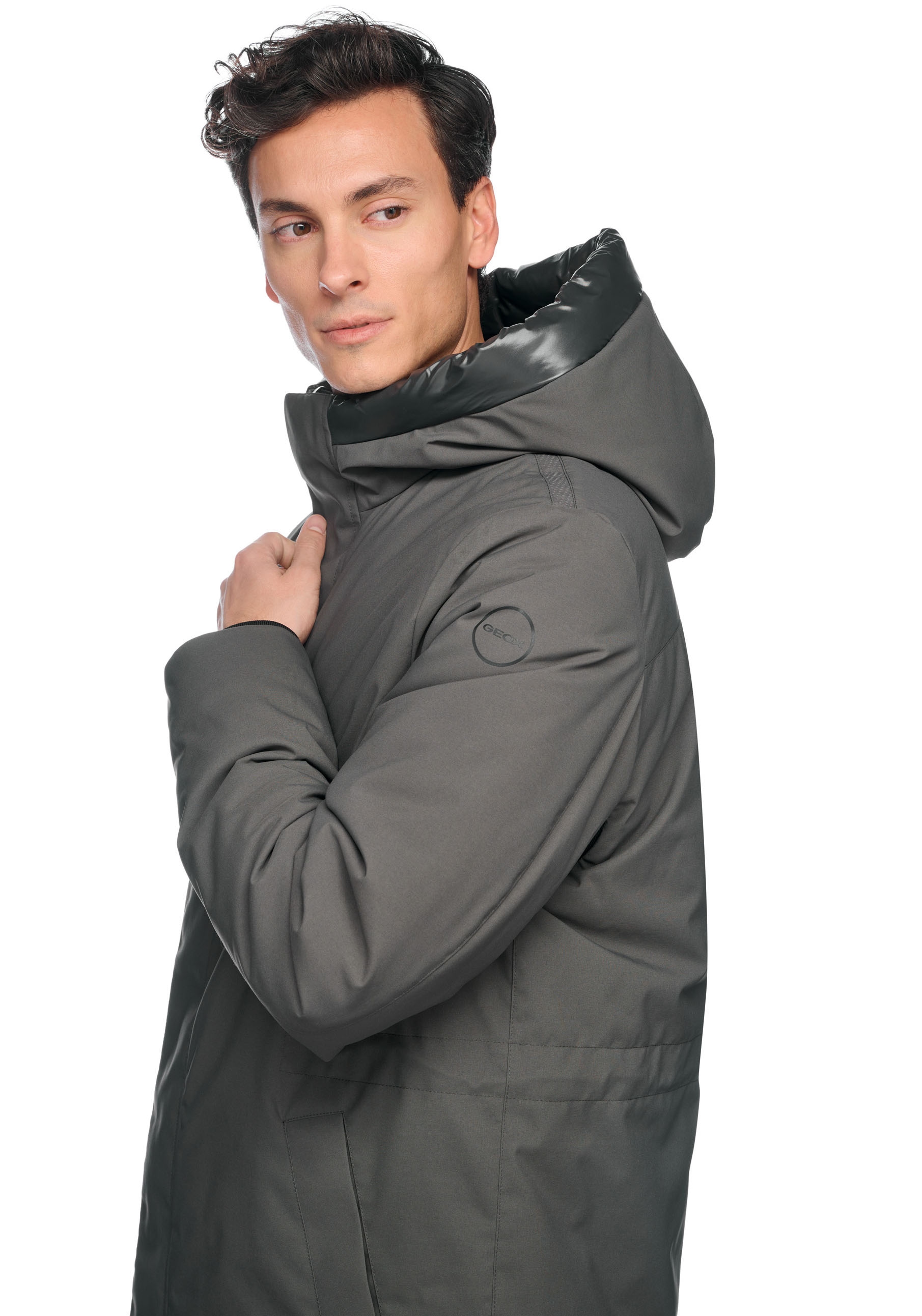Geox Langjacke »SPHERICA«, mit Kapuze, mit verdecktem Reissverschluss & Druckern, Leistentaschen, Kapuze