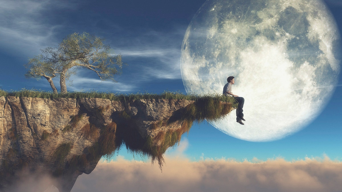 Image of Papermoon Fototapete "Mann an Klippe vor Mond"