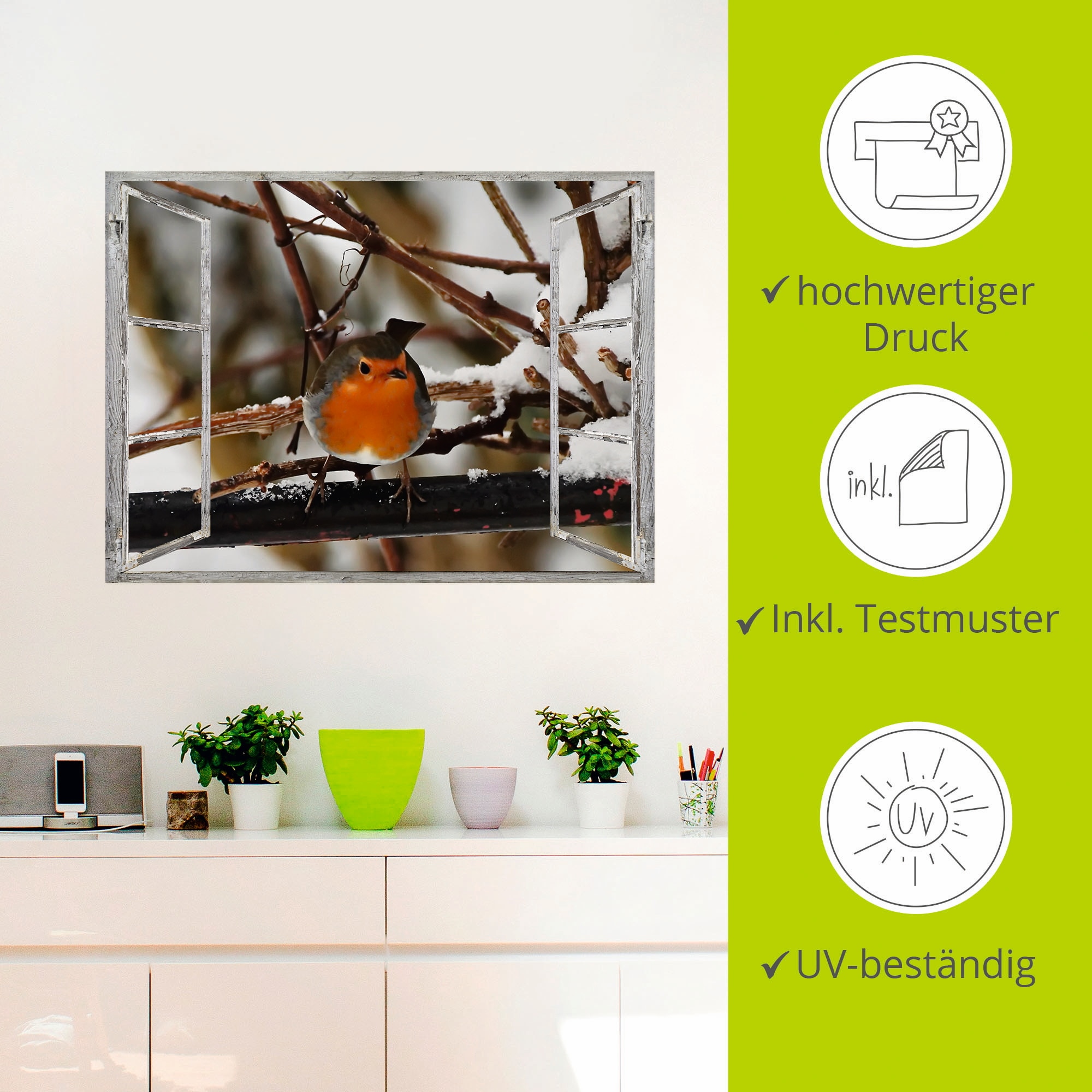 Artland Wandbild »Fensterbild - Rotkehlchen«, Vögel, (1 St.), als Poster, Wandaufkleber in verschied. Grössen