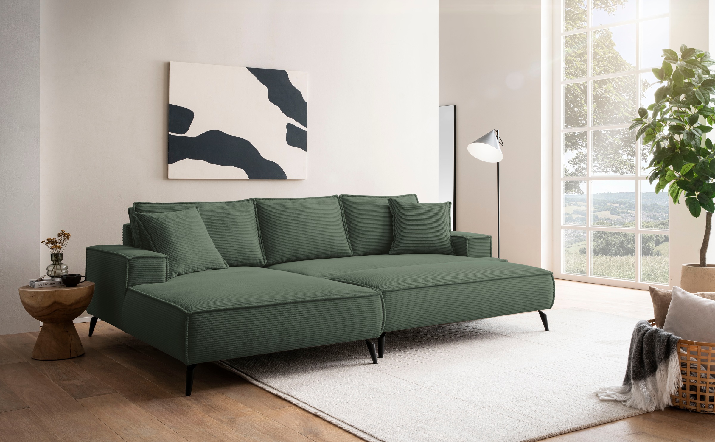 andas Ecksofa »TVINNU, L-Form, 275cm, in Cord und Flachgewebe«, wahlweise Recamiere rechts/links, schwarze Füsse, bequemer Sitzkomfort