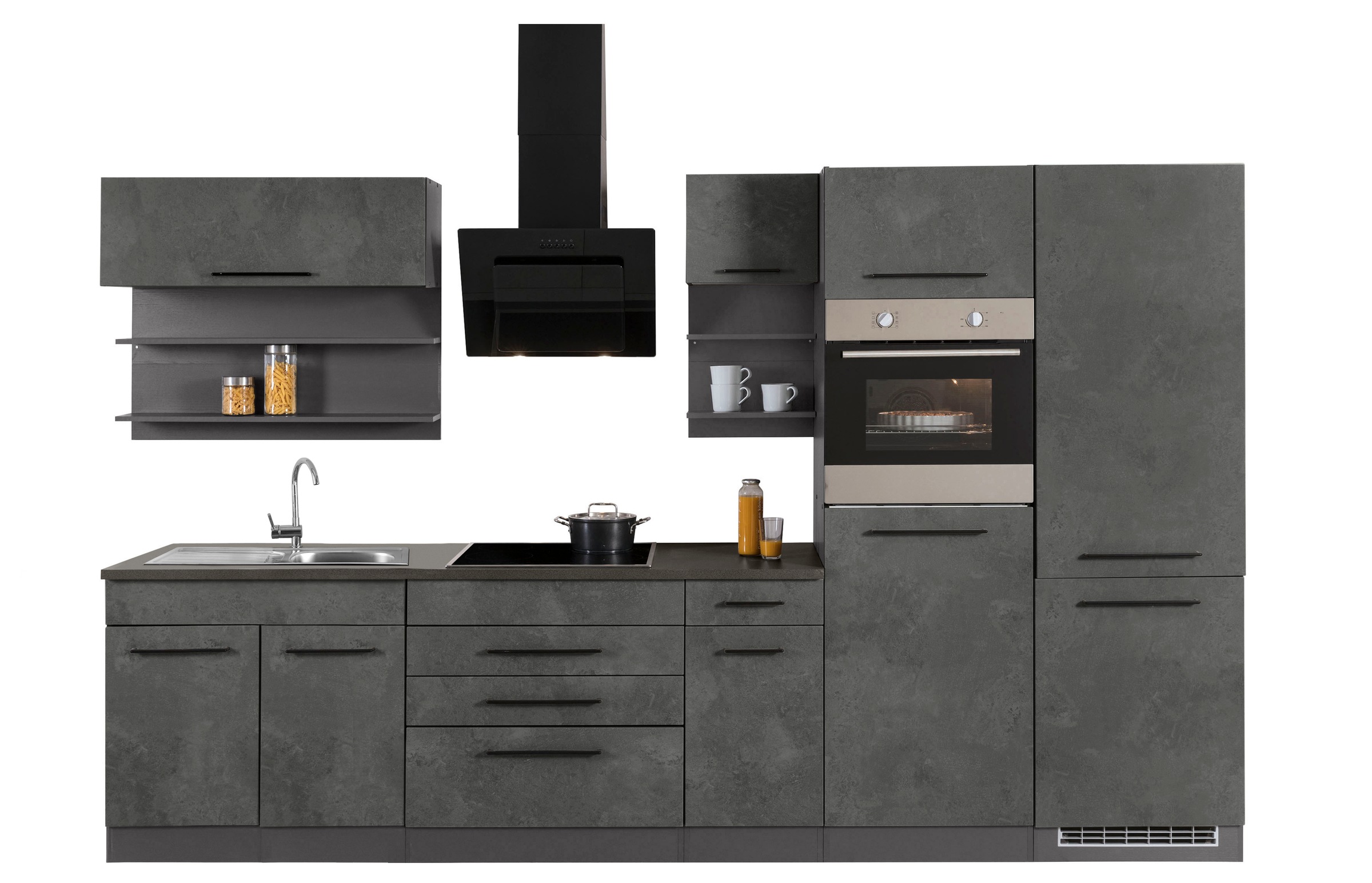 KOCHSTATION Küchenzeile "KS-Tulsa" ohne E-Geräte, Breite 350 cm, schwarze Metallgriffe, MDF Fronten