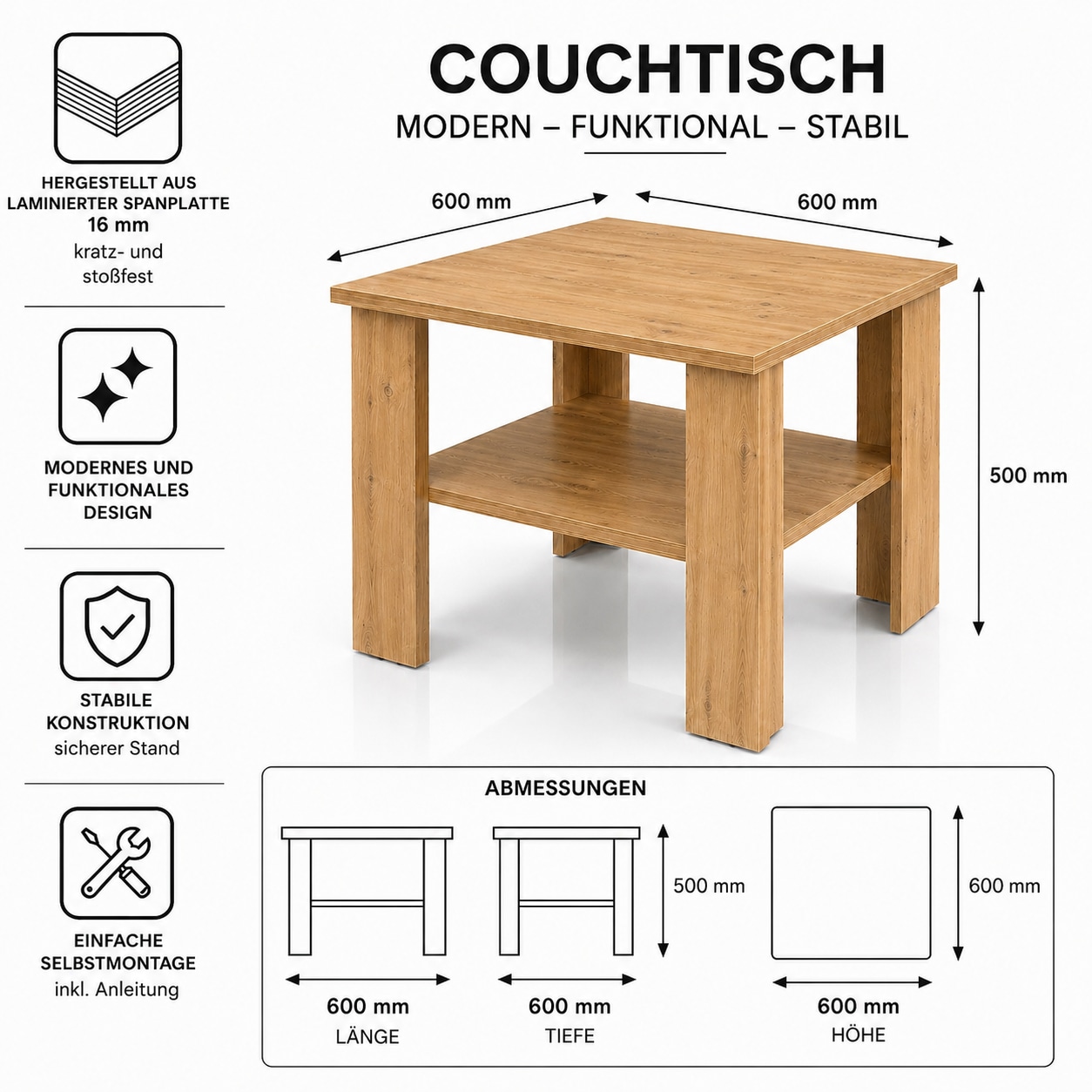 GOODproduct Couchtisch »CT 2 Wohnzimmertisch, Sofatisch, Beistelltisch, Kaffeetisch« Mit Ablage, quadratisch/rechteckig, weiss Hochglanz oder Artisan-Dekor