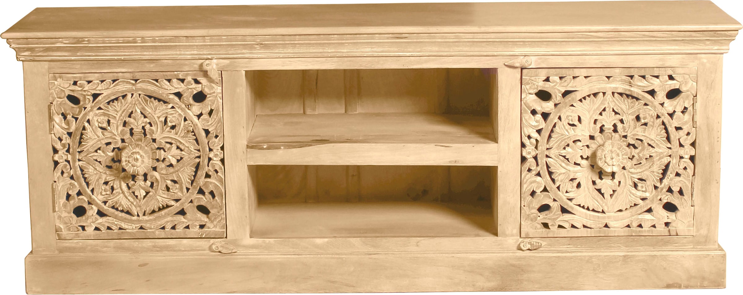 SIT Table basse »Dmanisi aus Mangoholz mit 2 Türen und 2 offenen Fächern« Meuble TV bas avec 2 trous pour câbles et sculptures détaillées