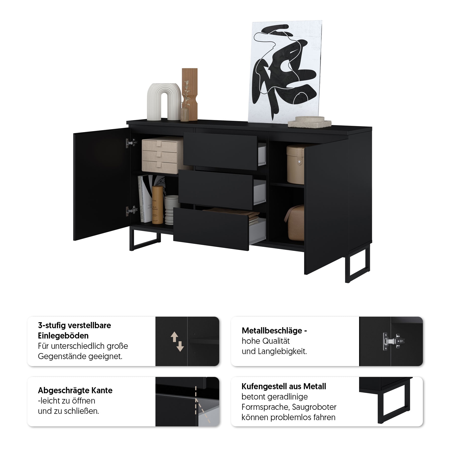 GOODproduct Buffet »Modo II, Breite 150 cm, moderne grifflose Kommode 2Türen/3 SK« commode à tiroirs avec beaucoup d'espace de rangement, étagères réglables, patins en métal