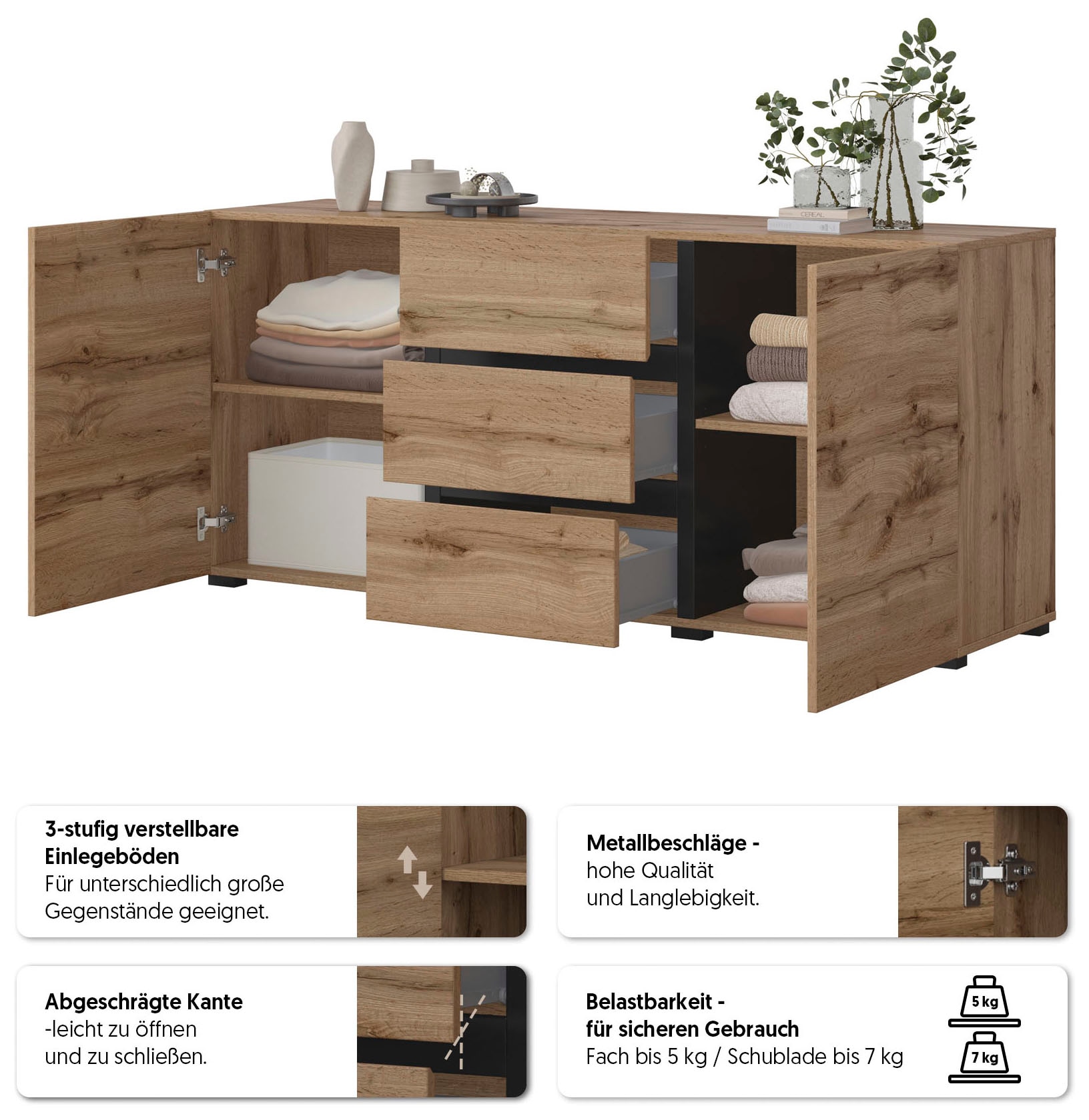 INOSIGN Sideboard »Cross, Breite 150 cm, moderne grifflose Kommode, 2Türen/3 Schubkästen« Schubladenkommode mit viel Stauraum, Einlegeböden verstellbar