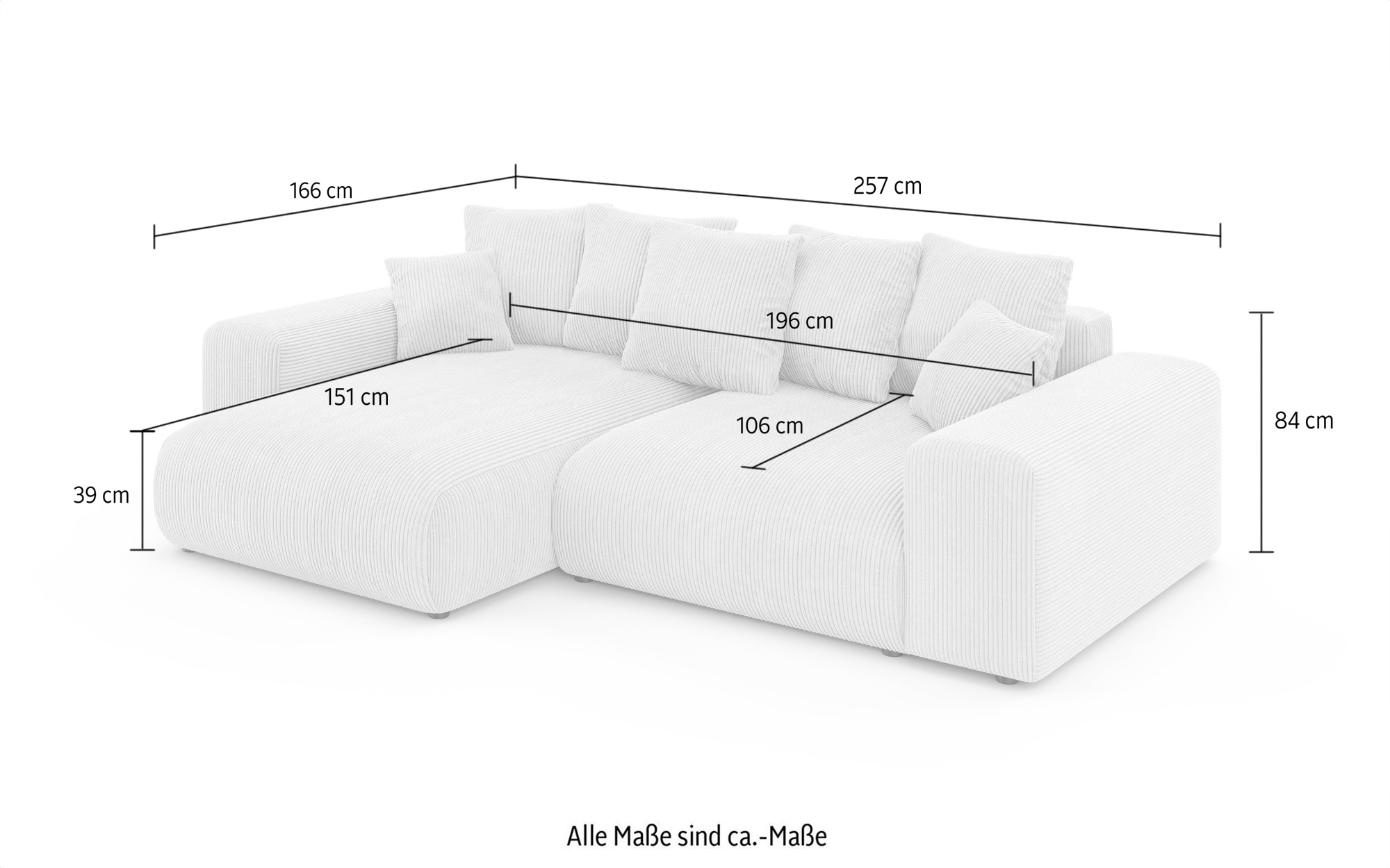 Home affaire Ecksofa »LAKESIDE mit Bettfunktion und Bettkasten, B/T/H 257/166/84 cm«, L-Form, Recamiere beidseitig montierbar, Wellenunterfederung