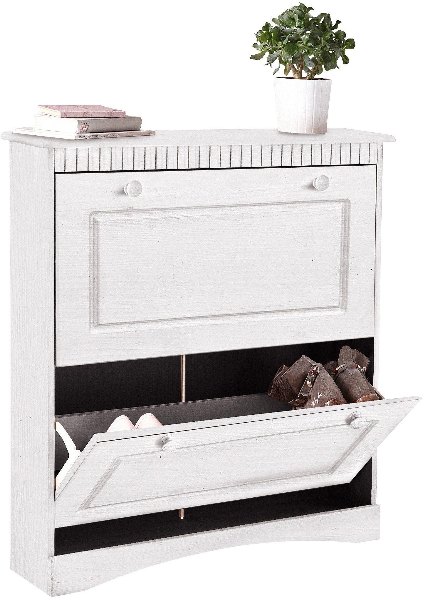 Image of GOODproduct Schuhschrank "Rustic" aus massiver Kiefer, 2 Schuhklappen, für 6-8 Paar, Kassettenoptik
