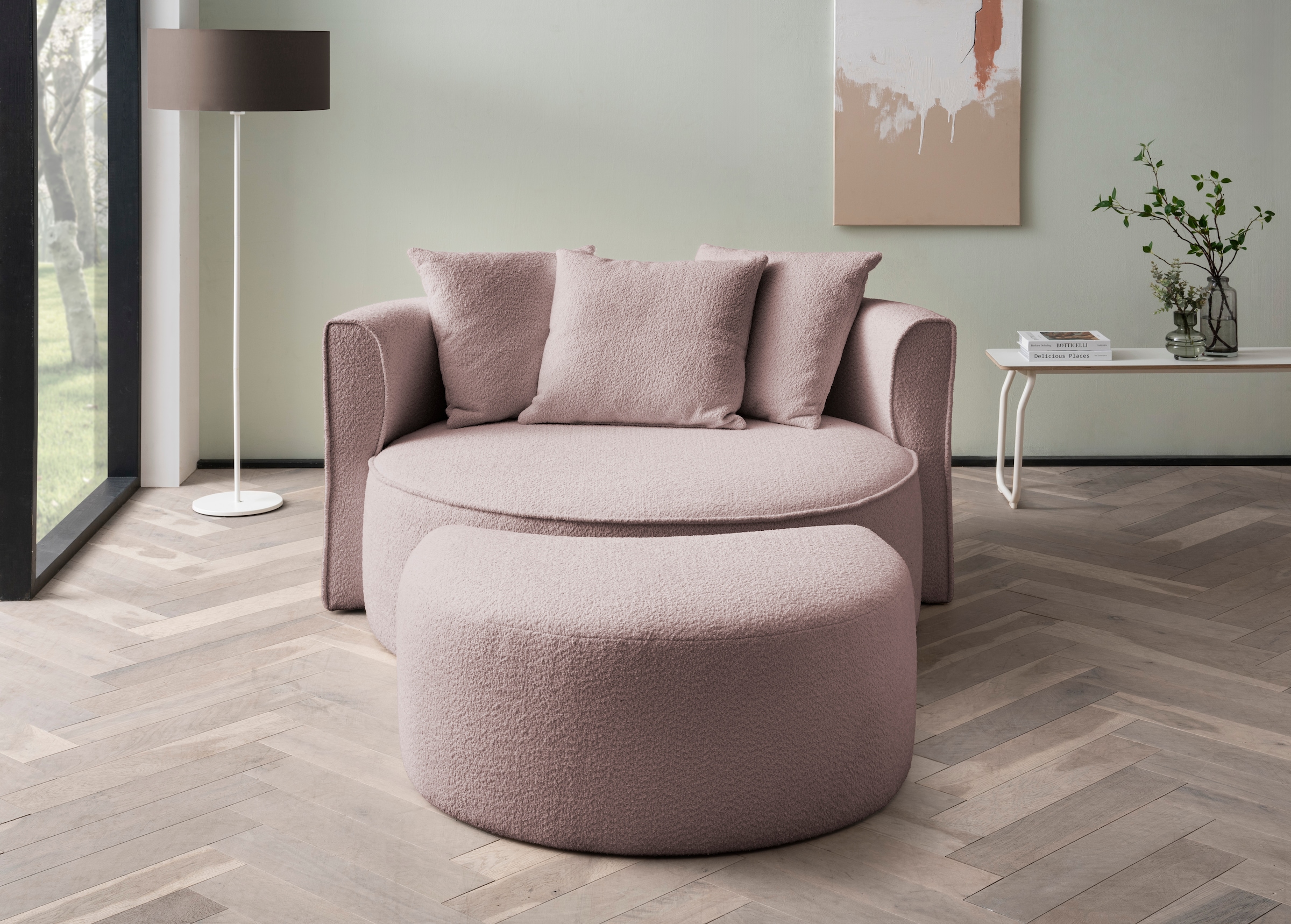 LeGer Home by Lena Gercke XXL-Sessel »Isalie, Rundsessel mit Hocker, Lesesessel, Loveseat, Big-Sessel«, (Set), trendige Stoffe, mit 3 Zierkissen, grosse Sitzfläche