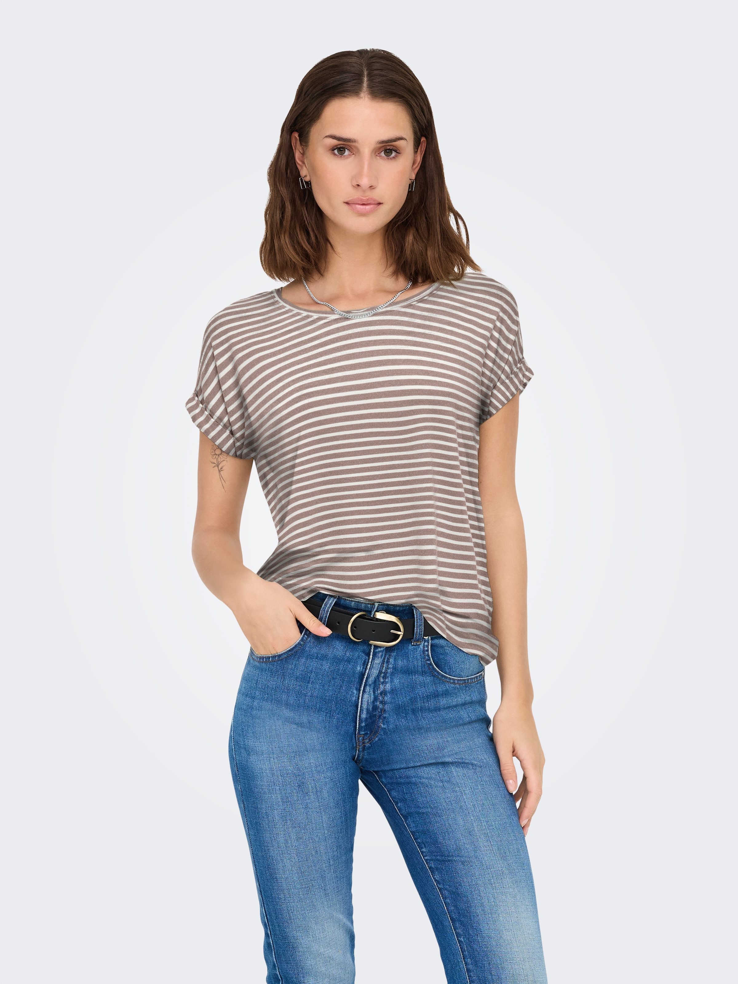 Image of ONLY Kurzarmshirt "ONLMOSTER STRIPE S/S O-NECK TOP JRS NOOS" gestreift, lässig geschnitten, Jersey, Rundhals, Viskosemischung