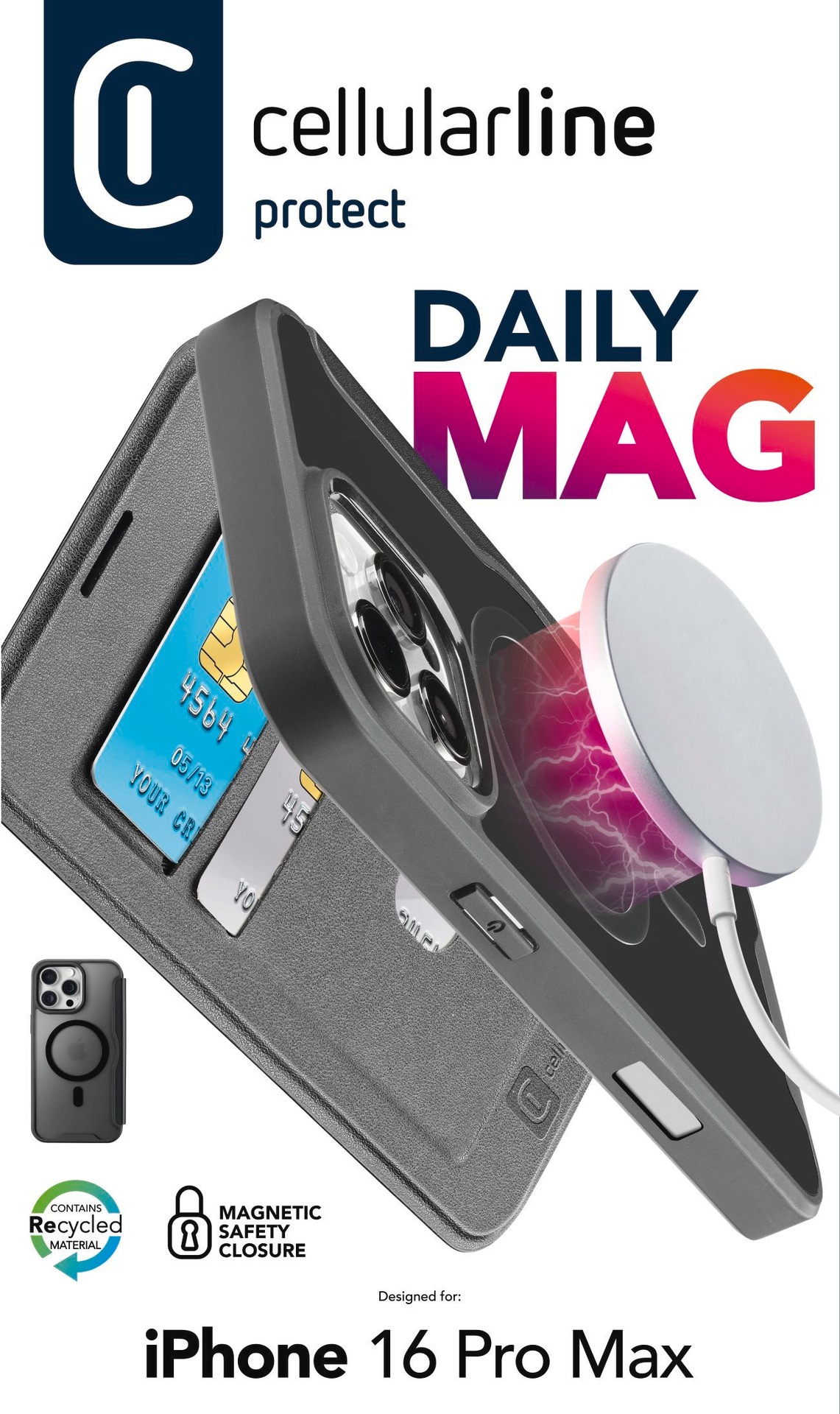 Cellularline Flip Case »Book Case Daily MAG für Apple iPhone 16 Pro Max«, Bookcover, Schutzhülle, Handyschutzhülle, Case, Schutzcase, stossfest