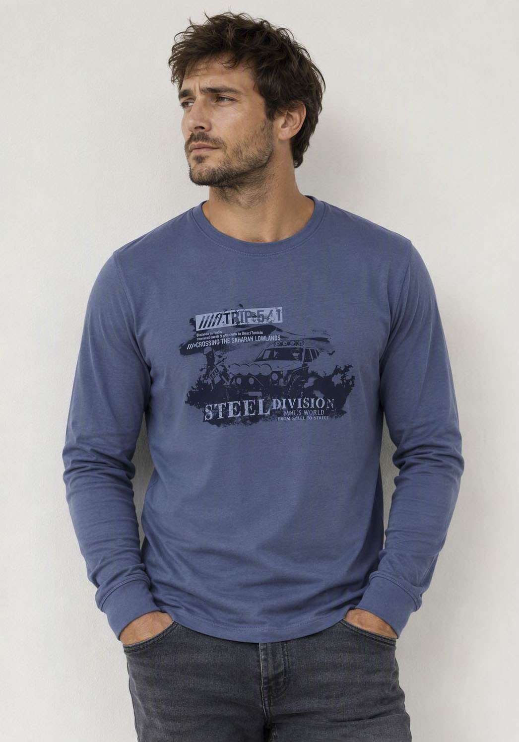 Image of Mans World Rundhalsshirt normale Passform, mit Langarm, mit Print, für Alltag und Freizeit