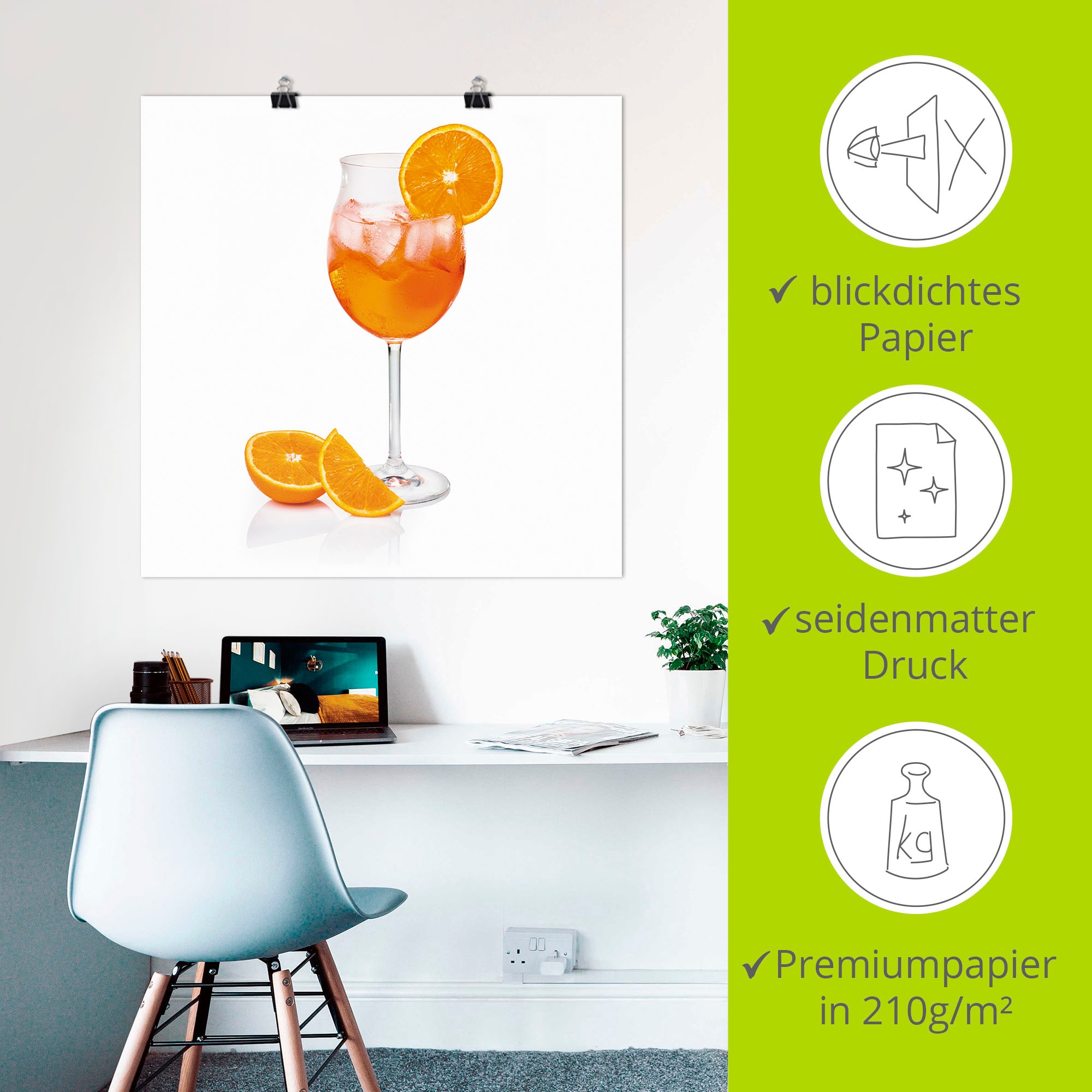 Artland Fresque murale »Aperol Spritz mit einer Scheibe Orange« 1 cuis tlg. als Alubild, Outdoorbild, Leinwandbild, Poster, Wandaufkleber