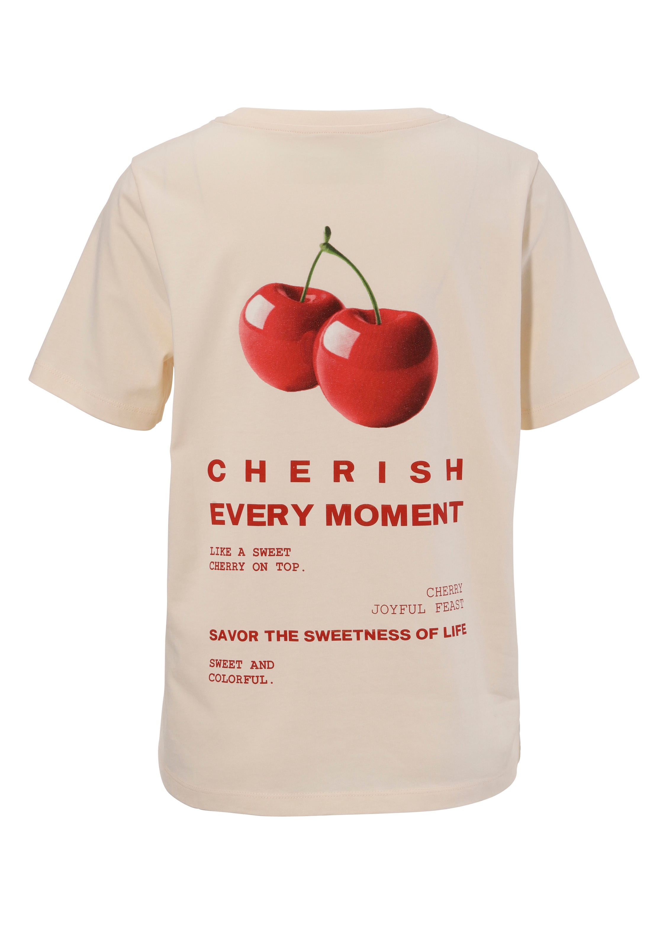 Aniston CASUAL T-Shirt, im Rücken mit Kirschen und Schriftzügen bedruckt