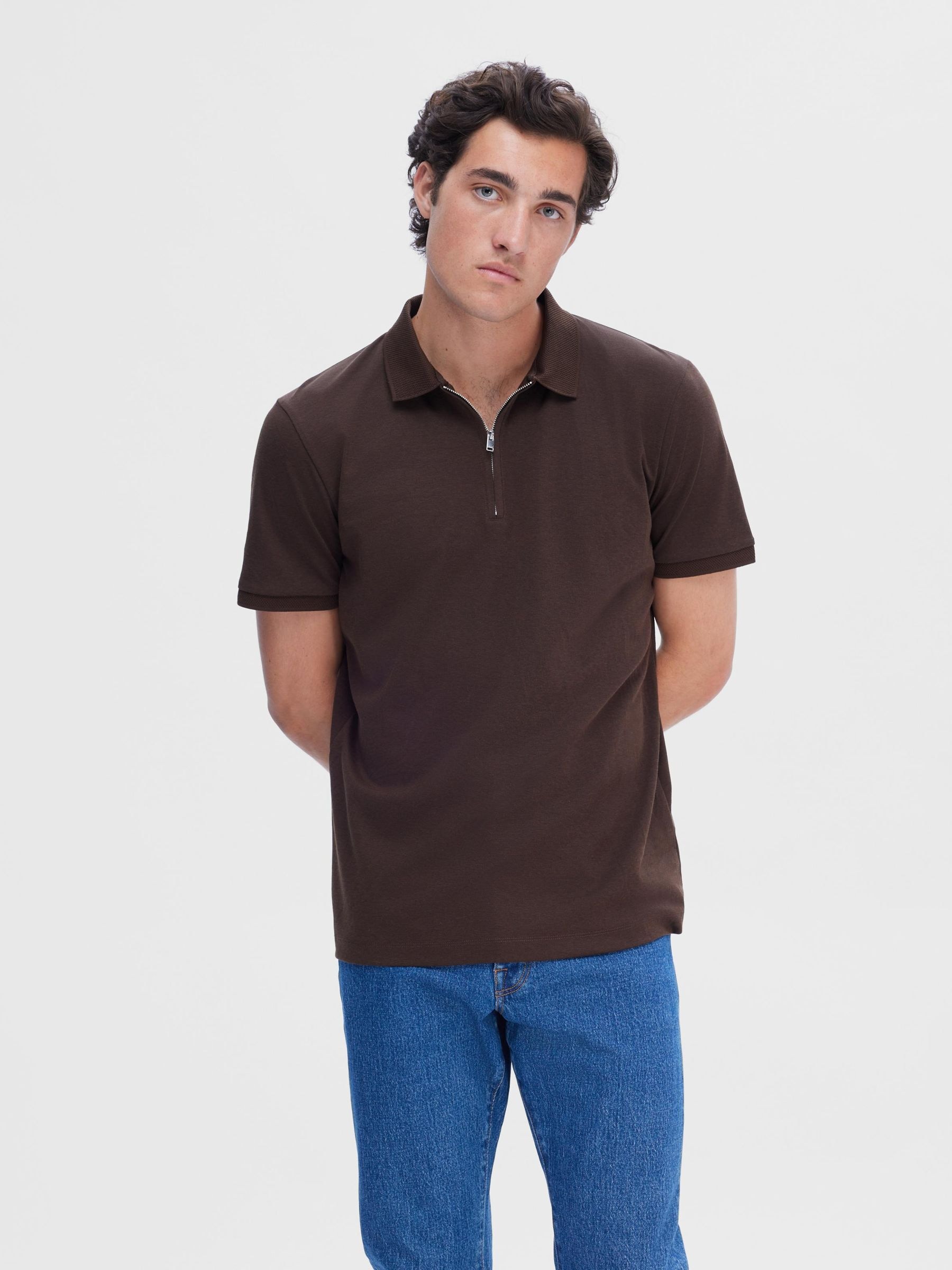Image of SELECTED Poloshirt "SLHFAVE ZIP SS POLO NOOS" Baumwollmischung, regular fit