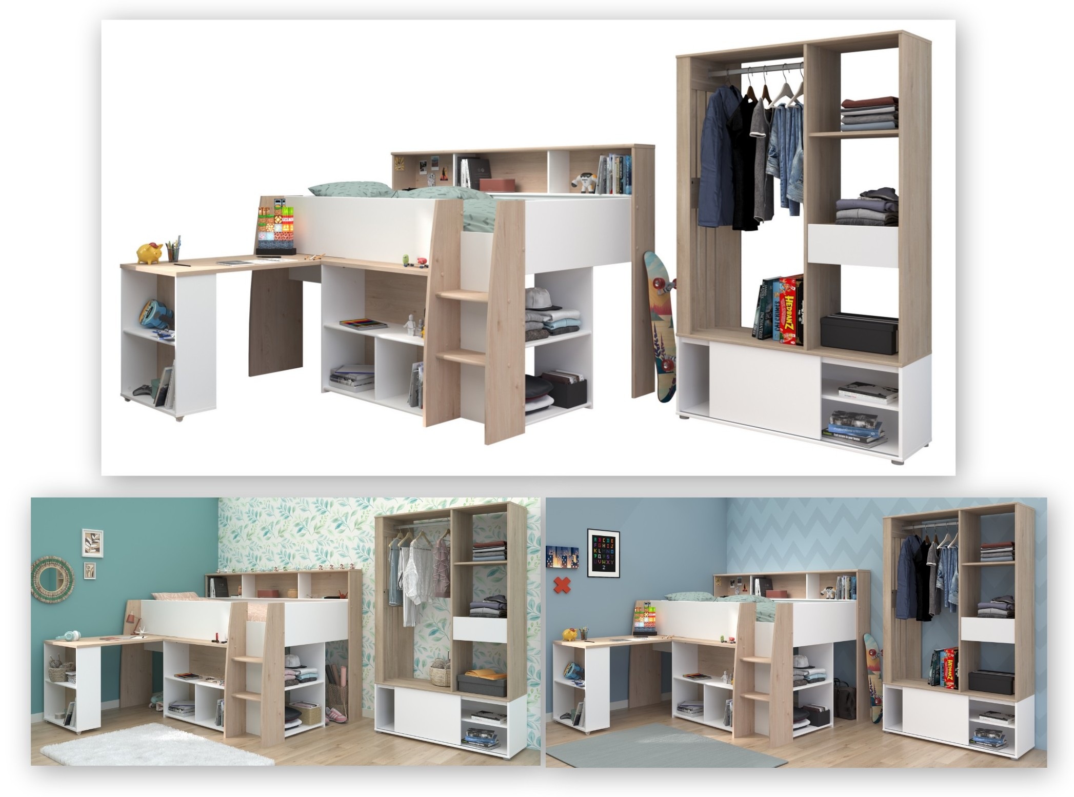 Parisot Jugendzimmer-Set »Parisot Lucas 11«, (2 tlg.), Schreibtisch ausziehbar, Kleiderschrank offen, Ablagen und Regale
